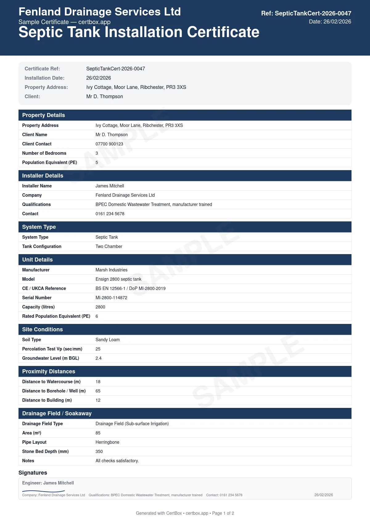 Sample Septic Tank Installation Certificate certificate created with CertBox, showing the professional PDF layout with tank type, capacity, and manufacturer, percolation test results, soakaway/drainage field design
