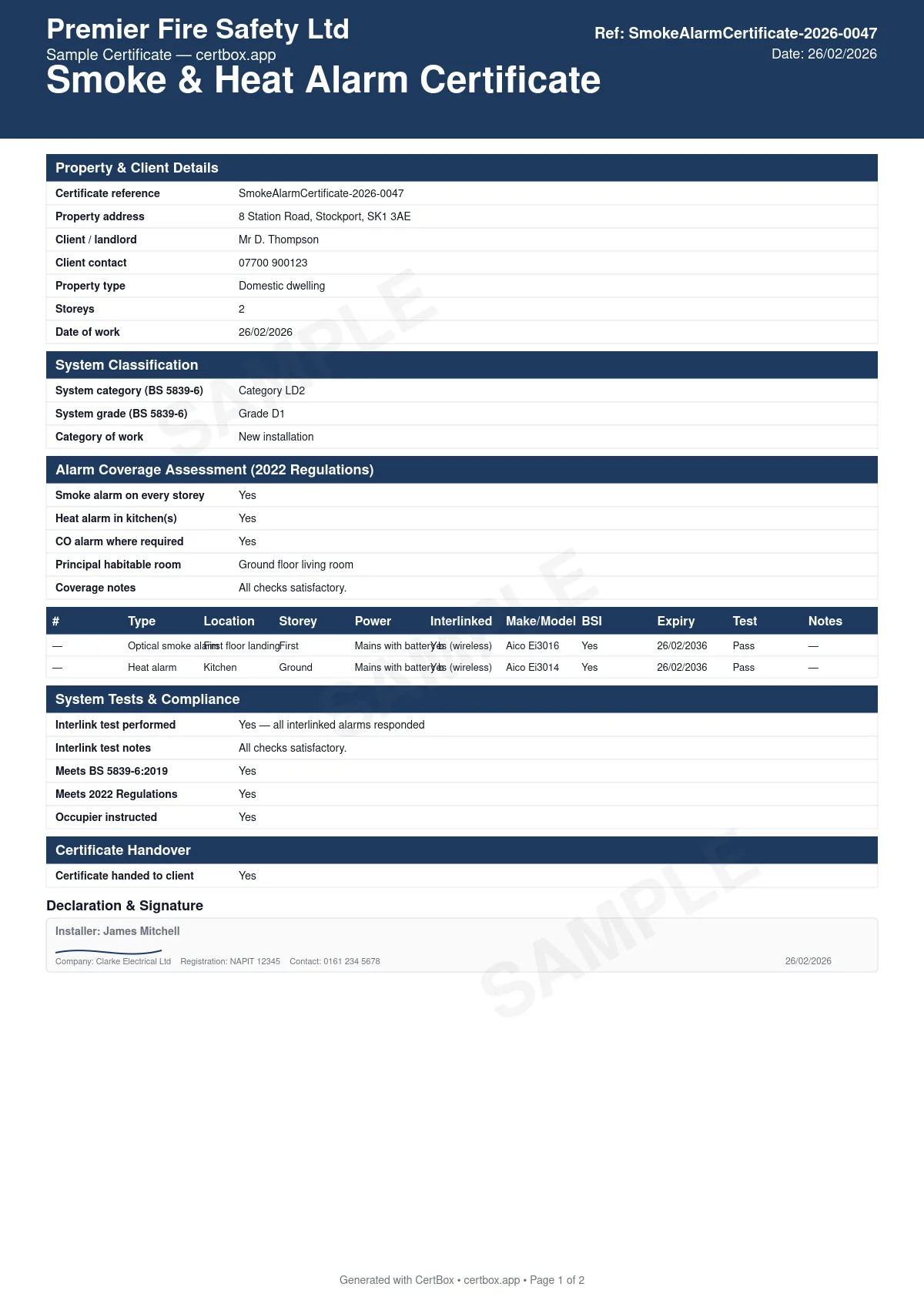 Sample Smoke & Heat Alarm Certificate certificate created with CertBox, showing the professional PDF layout with alarm locations (every storey, kitchen, living areas), alarm types (optical, ionisation, heat), make, model, and installation date