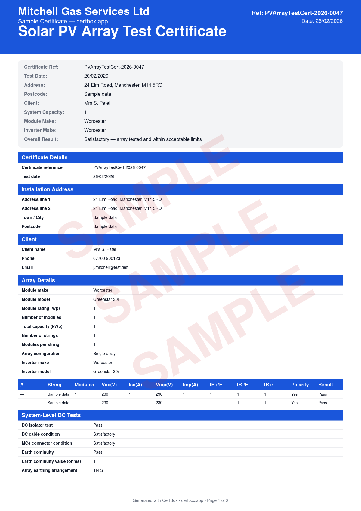 Sample Solar PV Array Test Certificate certificate created with CertBox, showing the professional PDF layout with string-by-string voc and isc measurements, three-way insulation resistance testing (positive/earth, negative/earth, positive/negative), dc isolator and cable condition assessment