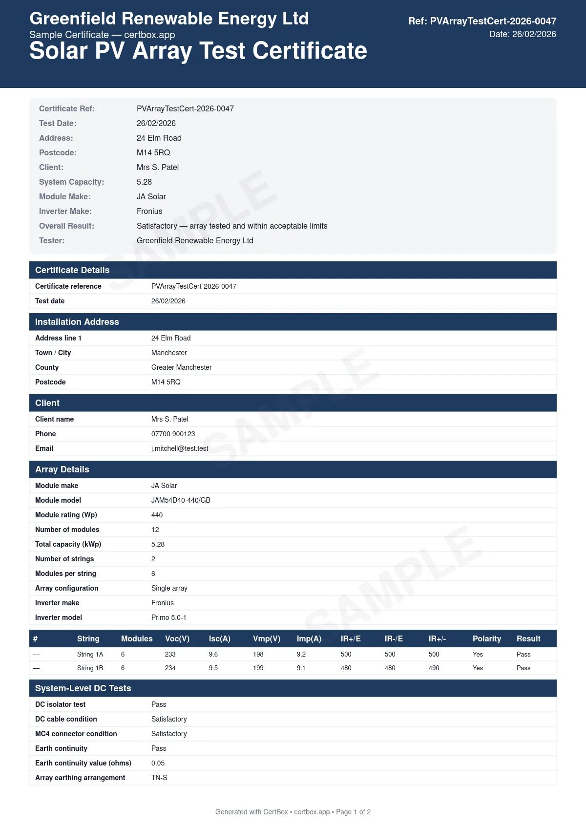 Sample Solar PV Array Test Certificate certificate created with CertBox, showing the professional PDF layout with string-by-string voc and isc measurements, three-way insulation resistance testing (positive/earth, negative/earth, positive/negative), dc isolator and cable condition assessment