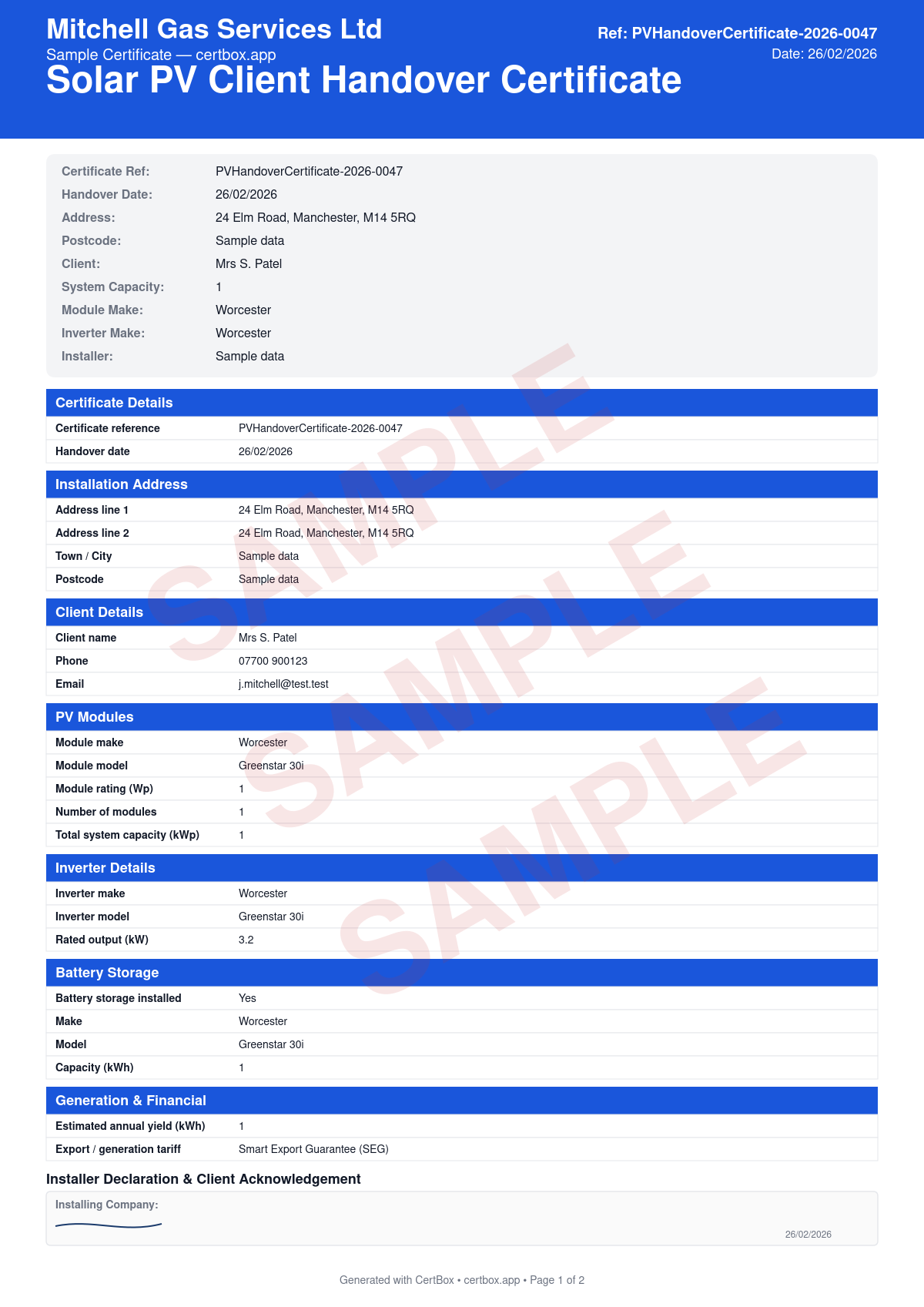 Sample Solar PV Client Handover Certificate certificate created with CertBox, showing the professional PDF layout with system summary (modules, inverter, capacity, battery if applicable), documentation provided checklist (mcs cert, eic, g98 notification, manuals, warranties), client training record (system overview, monitoring, isolation, emergency shutdown)
