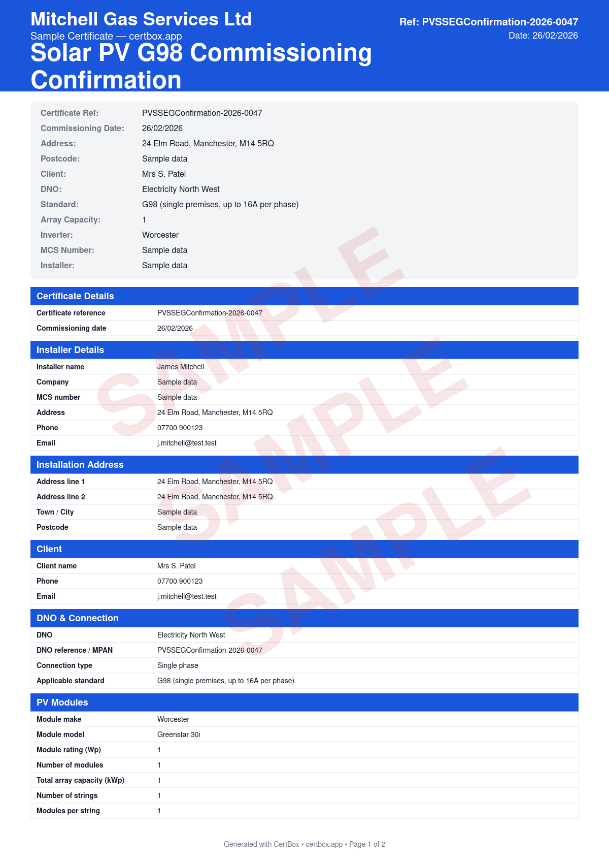 Sample Solar PV G83/2 SSEG Commissioning Confirmation certificate created with CertBox, showing the professional PDF layout with sseg type and grid connection details, inverter protection relay settings (under/over voltage, under/over frequency), loss of mains protection verification