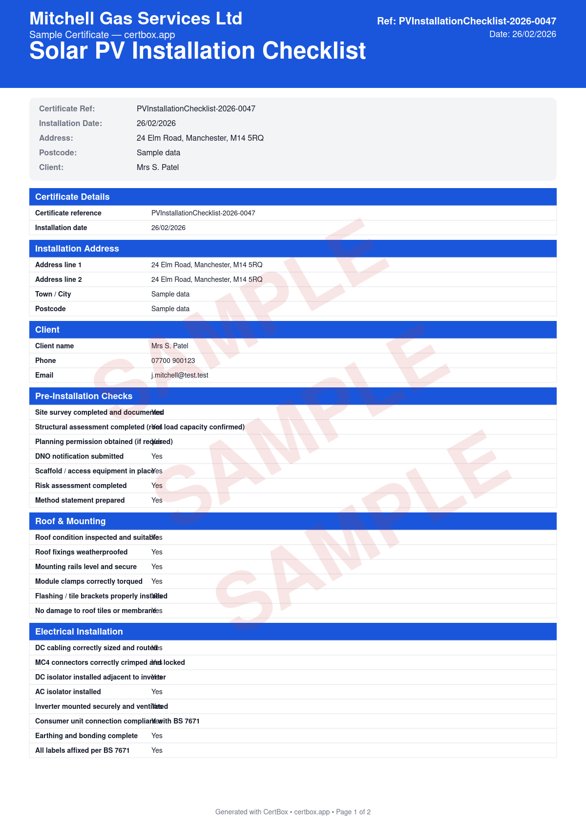 Sample Solar PV Installation Checklist certificate created with CertBox, showing the professional PDF layout with pre-installation checks (site survey, structural assessment, dno notification), roof and mounting system inspection (fixings, rails, clamps, flashing), electrical installation compliance (dc cabling, mc4 connectors, isolators, labelling)