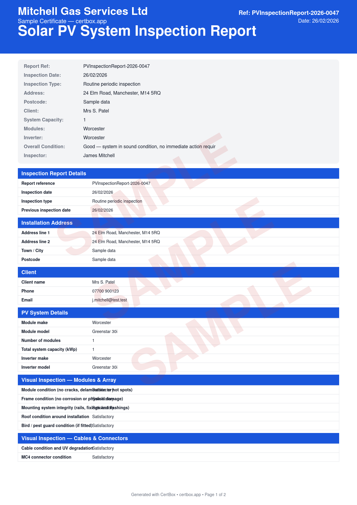 Sample Solar PV System Inspection Report certificate created with CertBox, showing the professional PDF layout with visual inspection of modules, mounting, cables, and isolators, string-by-string voc and isc measurements, insulation resistance, earth continuity, and rcd testing