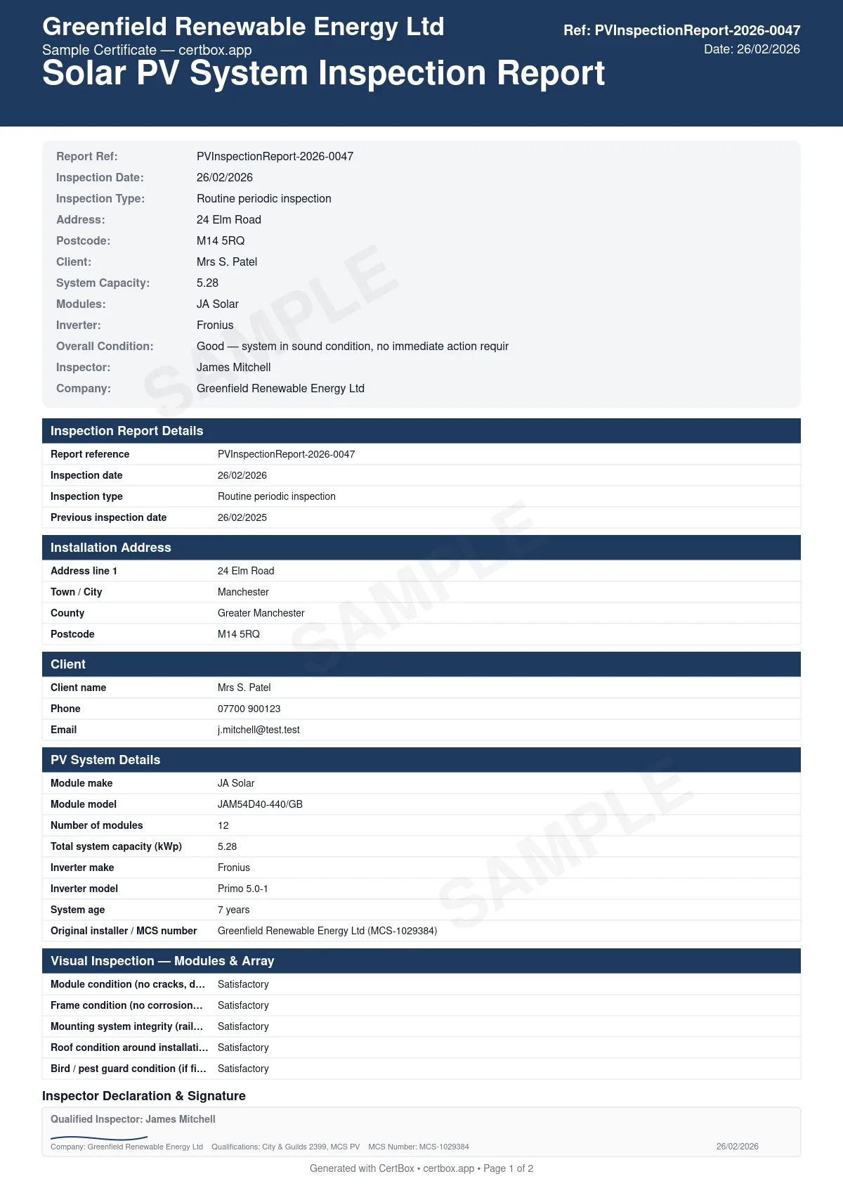 Sample Solar PV System Inspection Report certificate created with CertBox, showing the professional PDF layout with visual inspection of modules, mounting, cables, and isolators, string-by-string voc and isc measurements, insulation resistance, earth continuity, and rcd testing