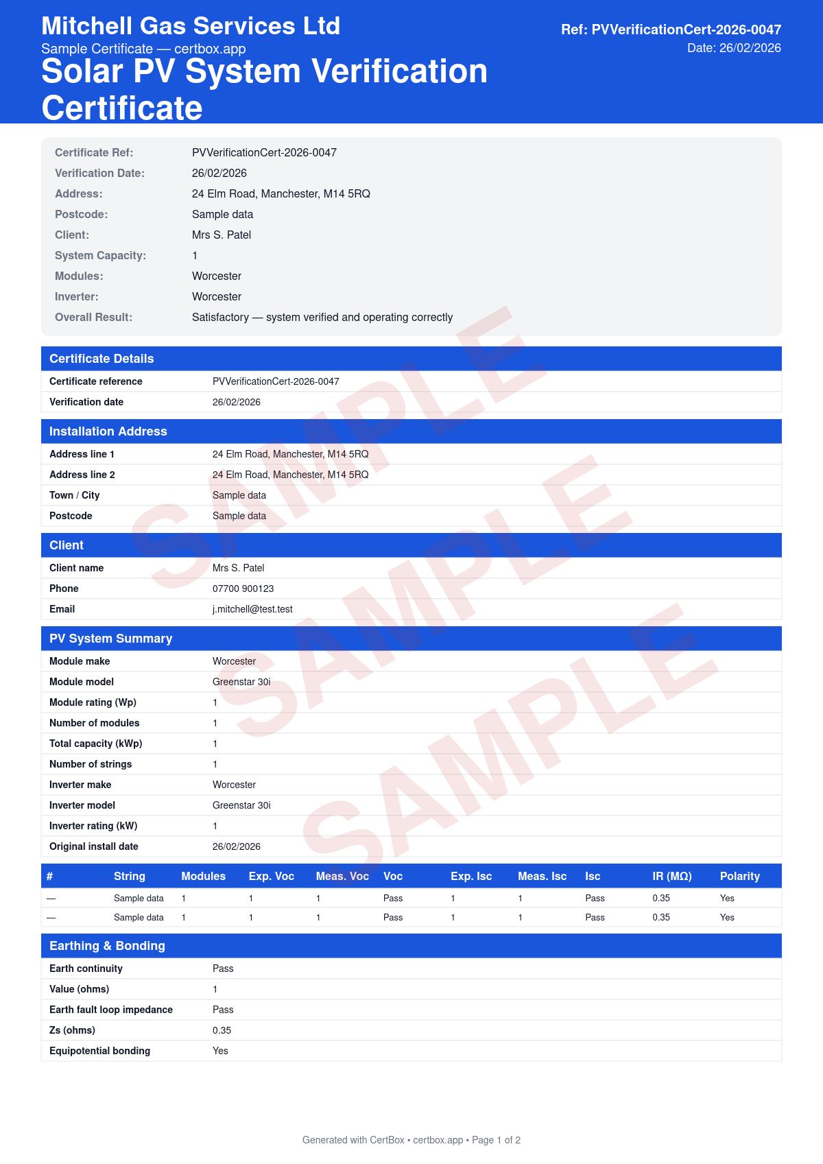 Sample Solar PV System Verification Certificate certificate created with CertBox, showing the professional PDF layout with string voc and isc measurements, insulation resistance and earth continuity test results, dc and ac isolator operation
