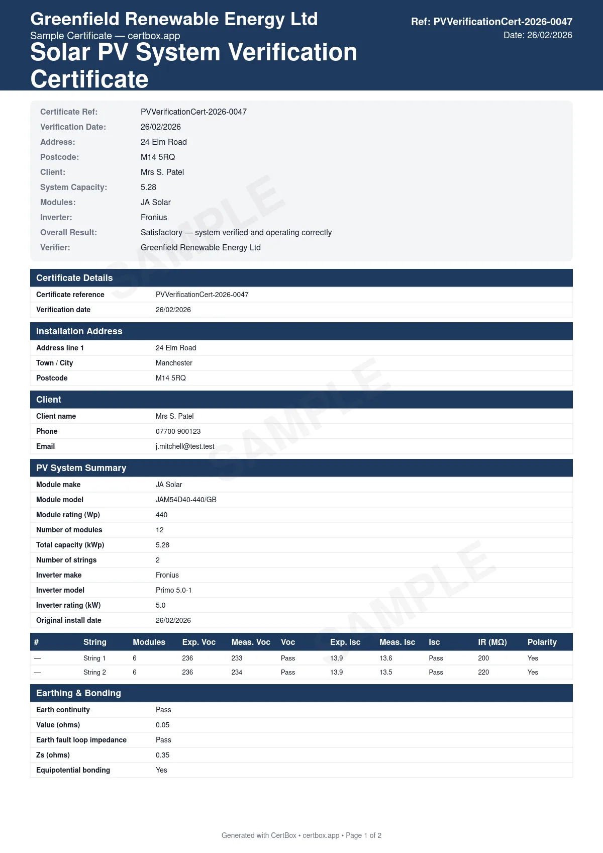 Sample Solar PV System Verification Certificate certificate created with CertBox, showing the professional PDF layout with string voc and isc measurements, insulation resistance and earth continuity test results, dc and ac isolator operation