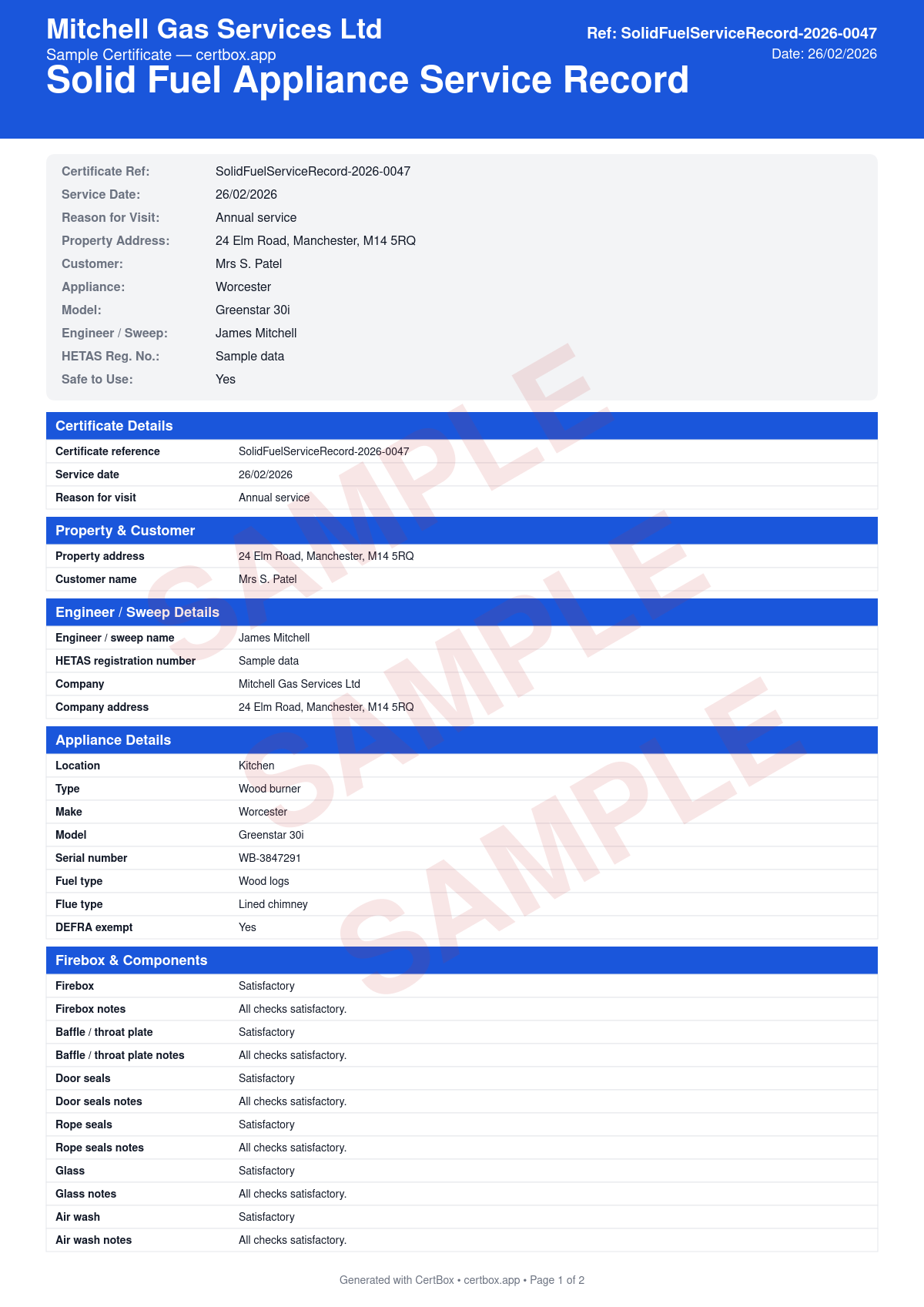 Sample Solid Fuel Appliance Service Record certificate created with CertBox, showing the professional PDF layout with appliance identification and condition assessment, firebox, baffle plate, and firebrick inspection, door seals, rope gaskets, and glass condition