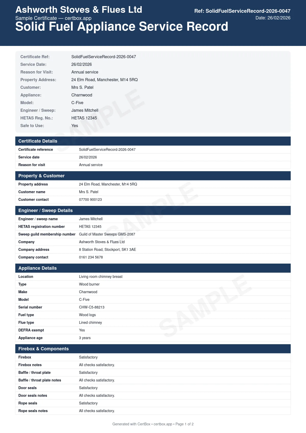 Sample Solid Fuel Appliance Service Record certificate created with CertBox, showing the professional PDF layout with appliance identification and condition assessment, firebox, baffle plate, and firebrick inspection, door seals, rope gaskets, and glass condition