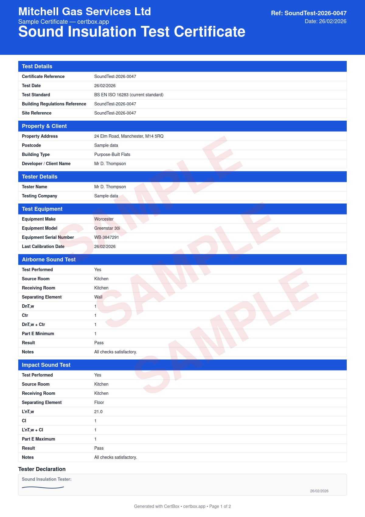 Sample Sound Insulation Test Certificate certificate created with CertBox, showing the professional PDF layout with airborne sound insulation test results (dnt,w), impact sound insulation test results (l'nt,w), test method and equipment calibration