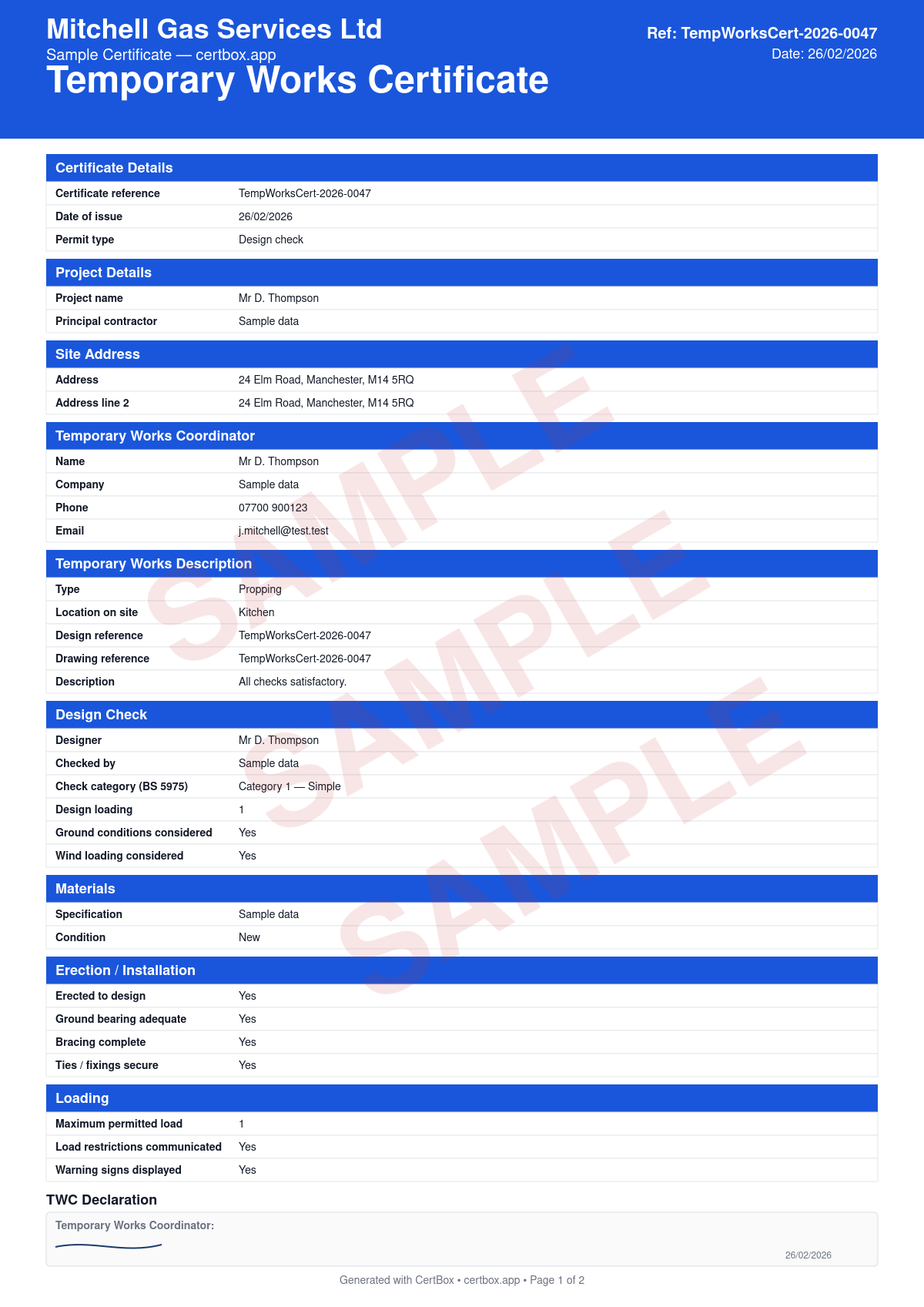 Sample Temporary Works Certificate certificate created with CertBox, showing the professional PDF layout with temporary works description and purpose, design brief and loading, design check certificate