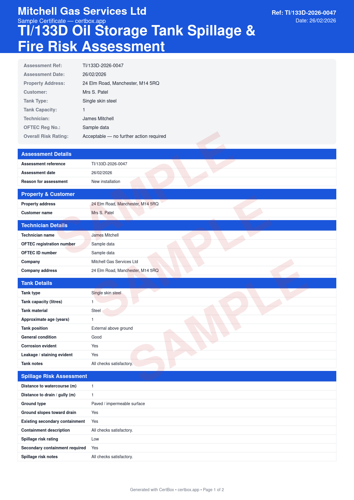 Sample TI/133D Oil Storage Tank Risk Assessment certificate created with CertBox, showing the professional PDF layout with tank specification (type, capacity, age, material), spillage risk assessment (watercourses, drains, ground conditions), existing containment measures