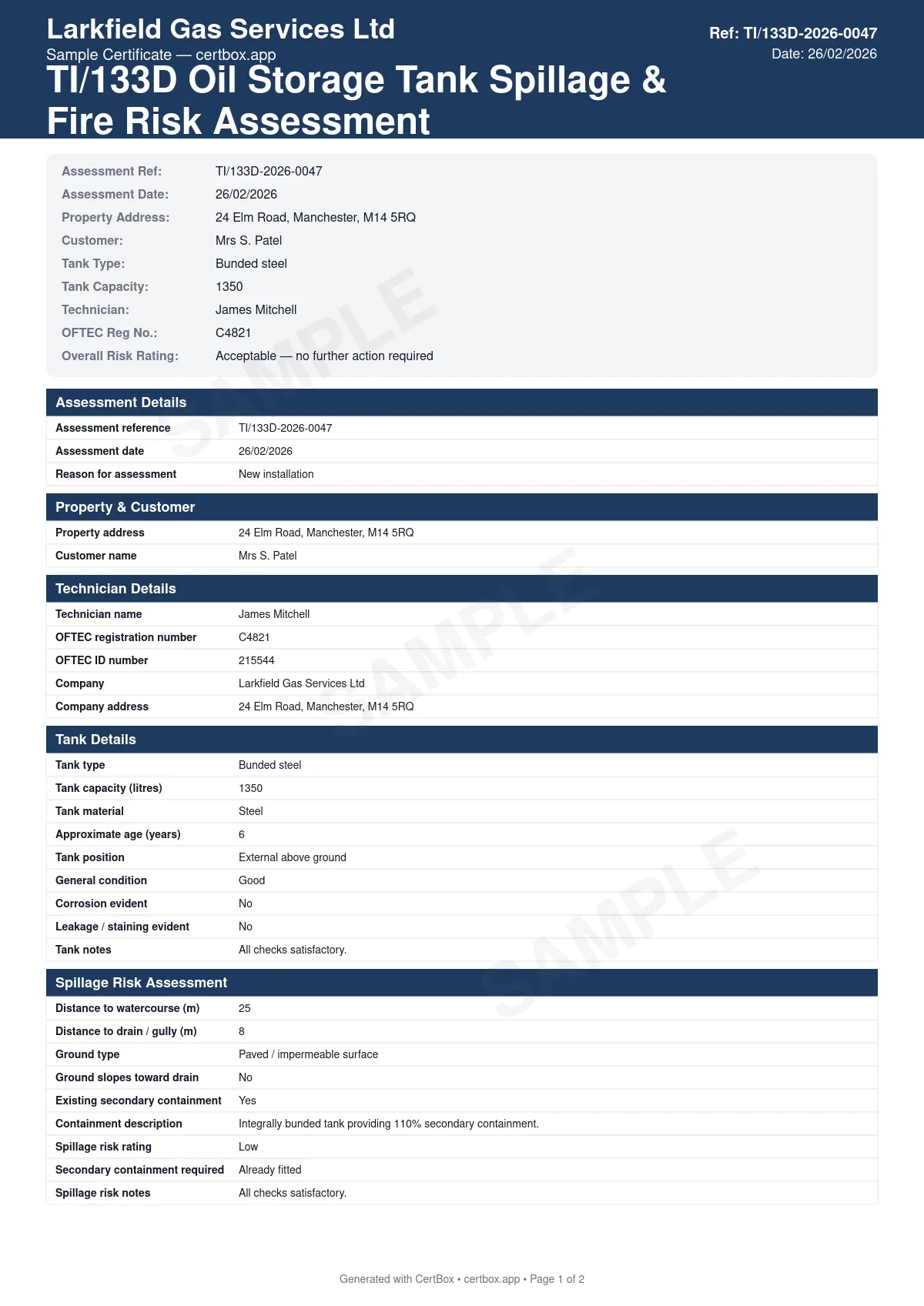 Sample TI/133D Oil Storage Tank Risk Assessment certificate created with CertBox, showing the professional PDF layout with tank specification (type, capacity, age, material), spillage risk assessment (watercourses, drains, ground conditions), existing containment measures