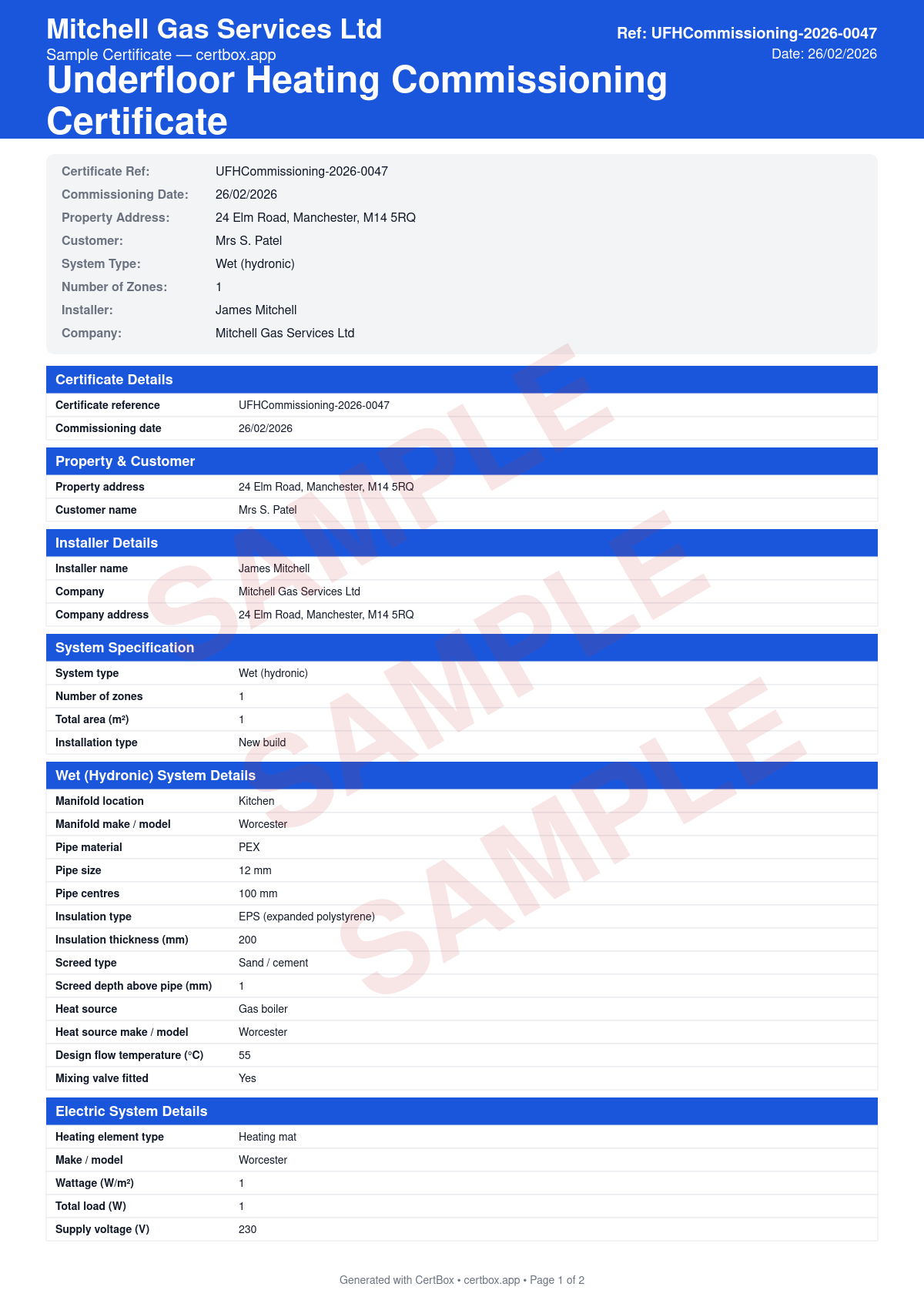 Sample Underfloor Heating Commissioning Certificate certificate created with CertBox, showing the professional PDF layout with manifold location and loop layout, pressure test results (typically 6 bar for 24 hours), flow rates per loop