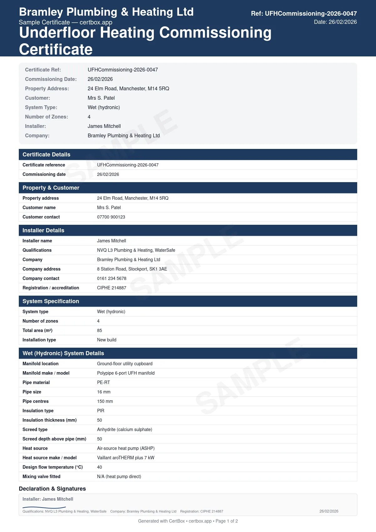 Sample Underfloor Heating Commissioning Certificate certificate created with CertBox, showing the professional PDF layout with manifold location and loop layout, pressure test results (typically 6 bar for 24 hours), flow rates per loop