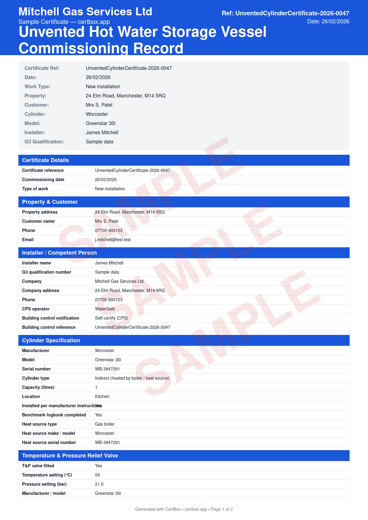 Sample Unvented Hot Water Storage Vessel Commissioning Record certificate created with CertBox, showing the professional PDF layout with cylinder specification (make, model, capacity, type), safety devices (t&p valve, tundish, discharge pipework), expansion vessel and pressure reducing valve