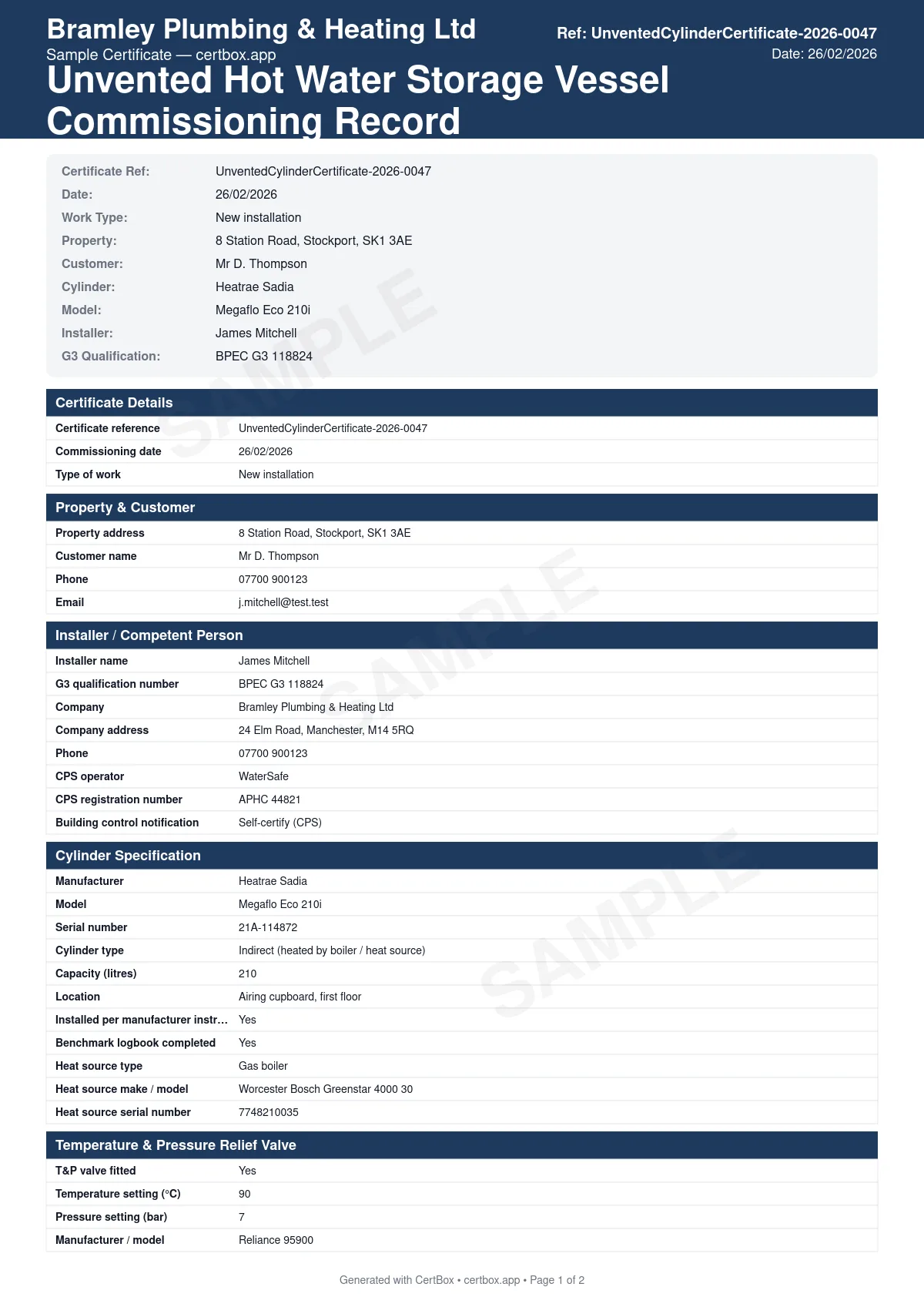 Sample Unvented Hot Water Storage Vessel Commissioning Record certificate created with CertBox, showing the professional PDF layout with cylinder specification (make, model, capacity, type), safety devices (t&p valve, tundish, discharge pipework), expansion vessel and pressure reducing valve