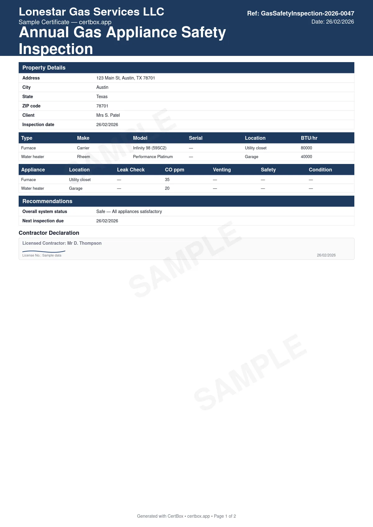 Sample Annual Gas Appliance Safety Inspection certificate created with CertBox, showing the professional PDF layout with visual inspection of all gas appliances, gas leak checks, co level readings
