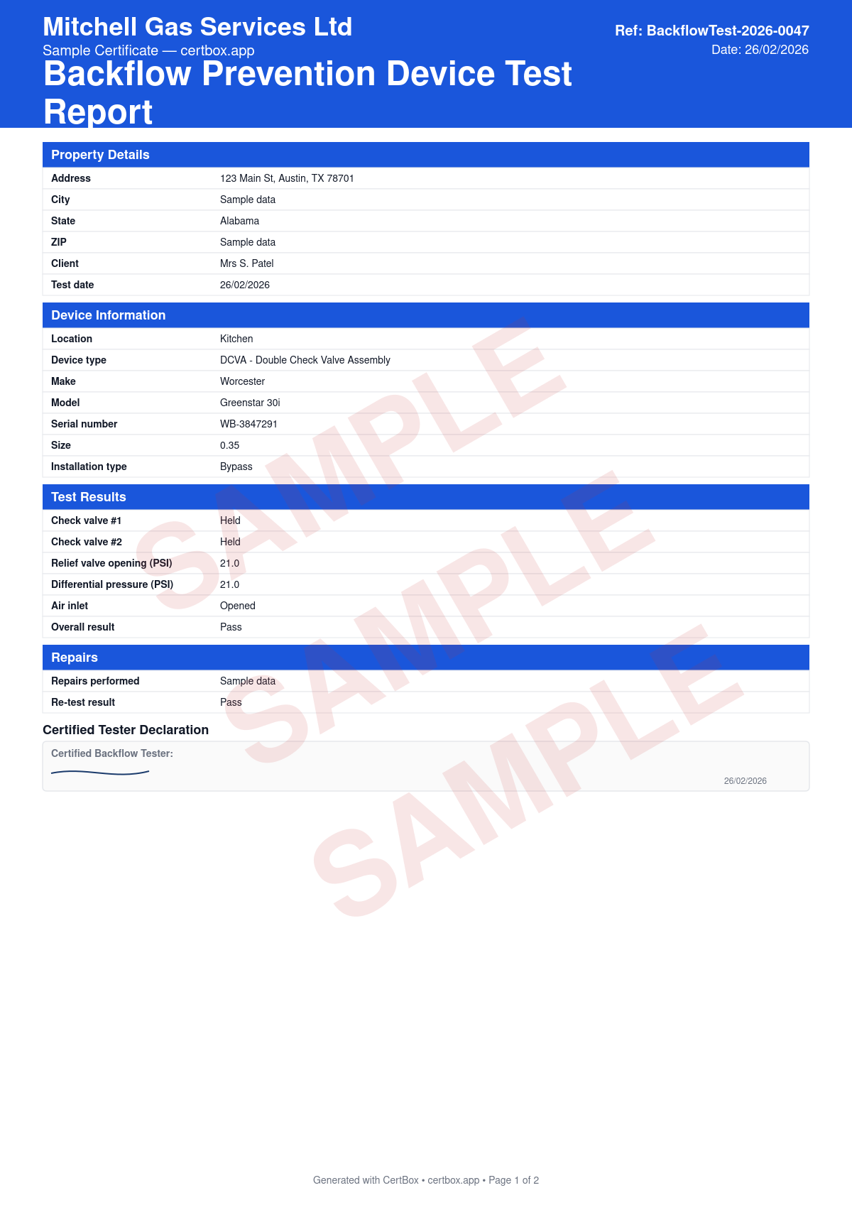 Sample Backflow Prevention Device Test Report certificate created with CertBox, showing the professional PDF layout with device type and specifications, check valve testing, relief valve differential pressure