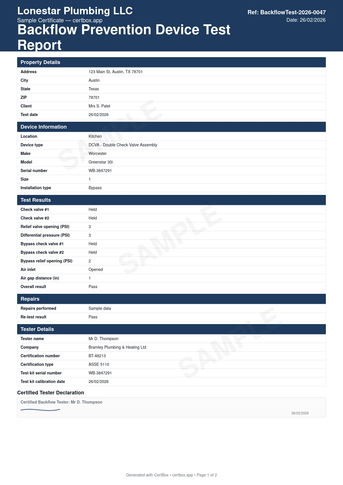 Sample Backflow Prevention Device Test Report certificate created with CertBox, showing the professional PDF layout with device type and specifications, check valve testing, relief valve differential pressure