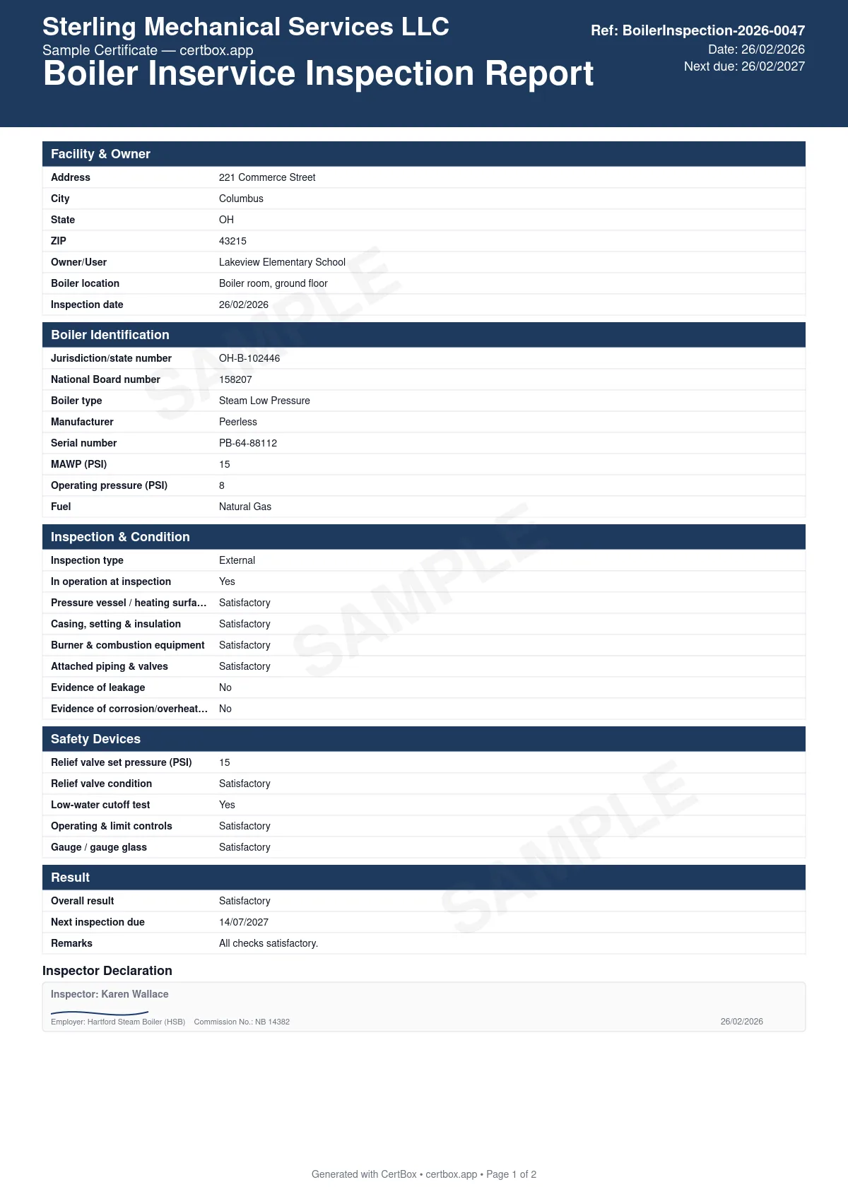 Sample Boiler Inservice Inspection Report certificate created with CertBox, showing the professional PDF layout with boiler identification (jurisdiction and national board numbers), internal/external inspection scope, pressure vessel, burner and piping condition