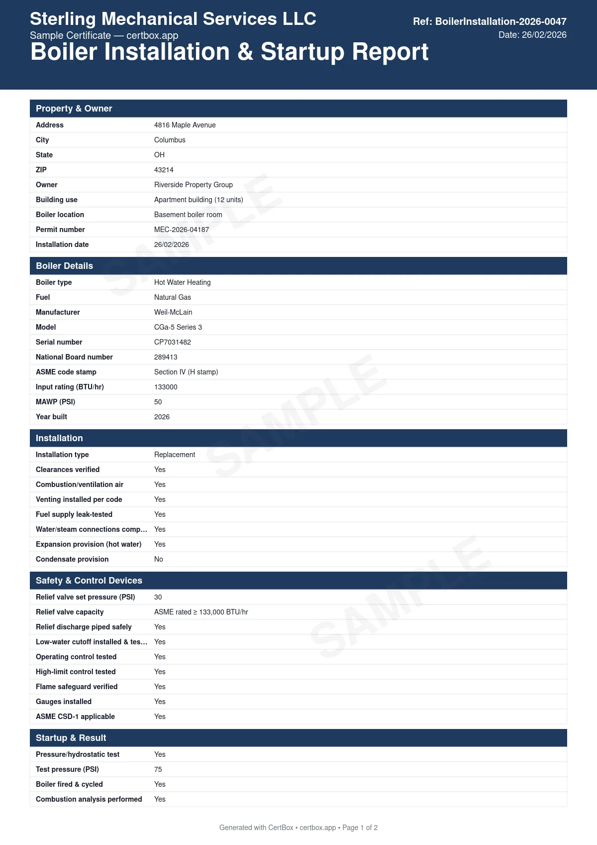 Sample Boiler Installation & Startup Report certificate created with CertBox, showing the professional PDF layout with boiler nameplate, asme stamp and national board number, mawp and relief valve set pressure, low-water cutoff and limit controls