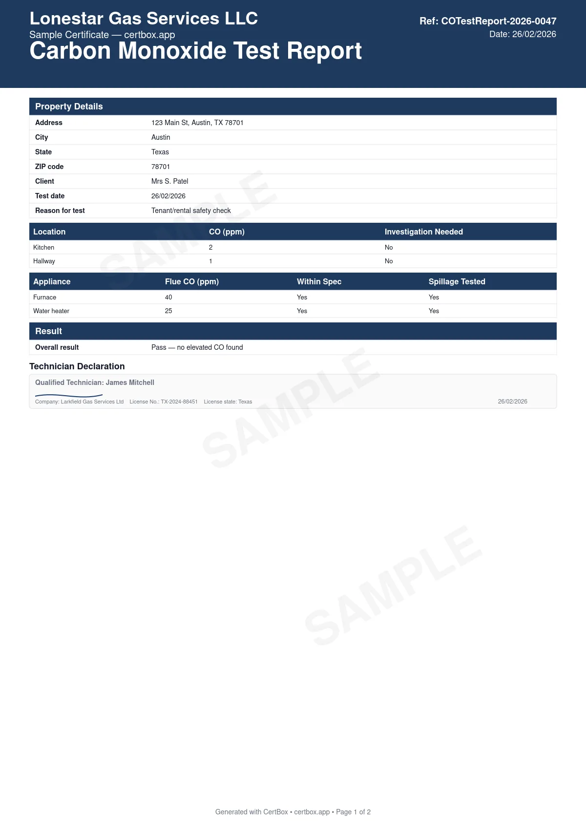 Sample Carbon Monoxide Test Report certificate created with CertBox, showing the professional PDF layout with ambient co reading at each location tested, whether investigation/action was needed, combustion appliance flue-gas co readings
