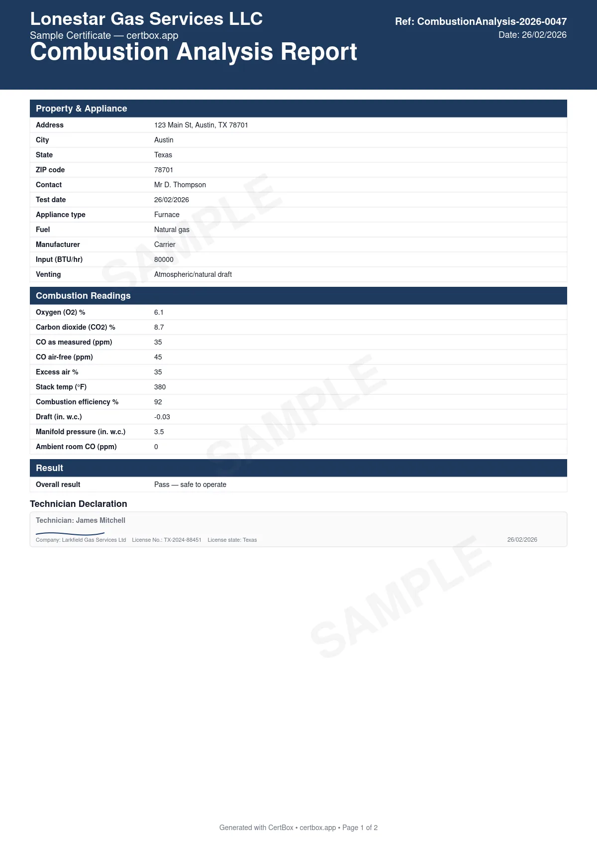 Sample Combustion Analysis Report certificate created with CertBox, showing the professional PDF layout with appliance identification and fuel type, oxygen (o2) and carbon dioxide (co2), co as-measured and air-free