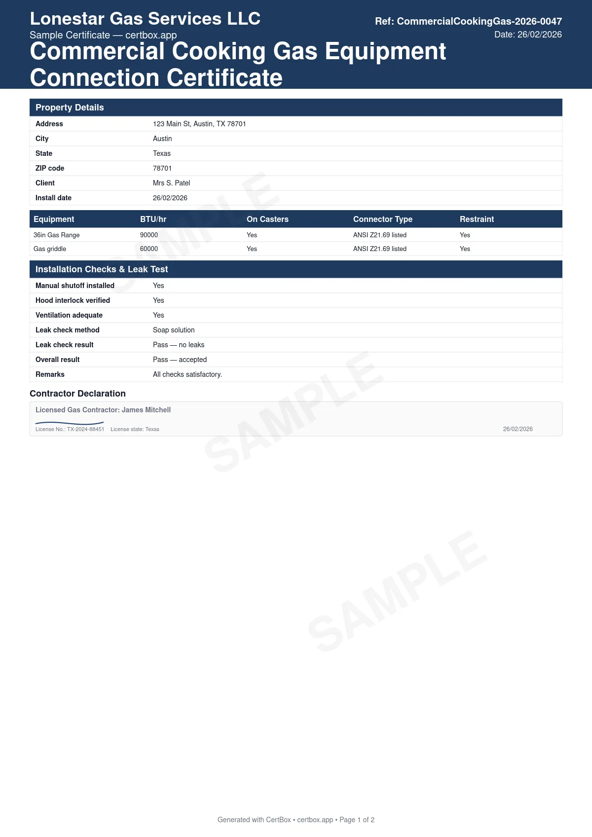 Sample Commercial Cooking Gas Equipment Connection Certificate certificate created with CertBox, showing the professional PDF layout with equipment served, listed connector standard and rating, restraint device for equipment on casters