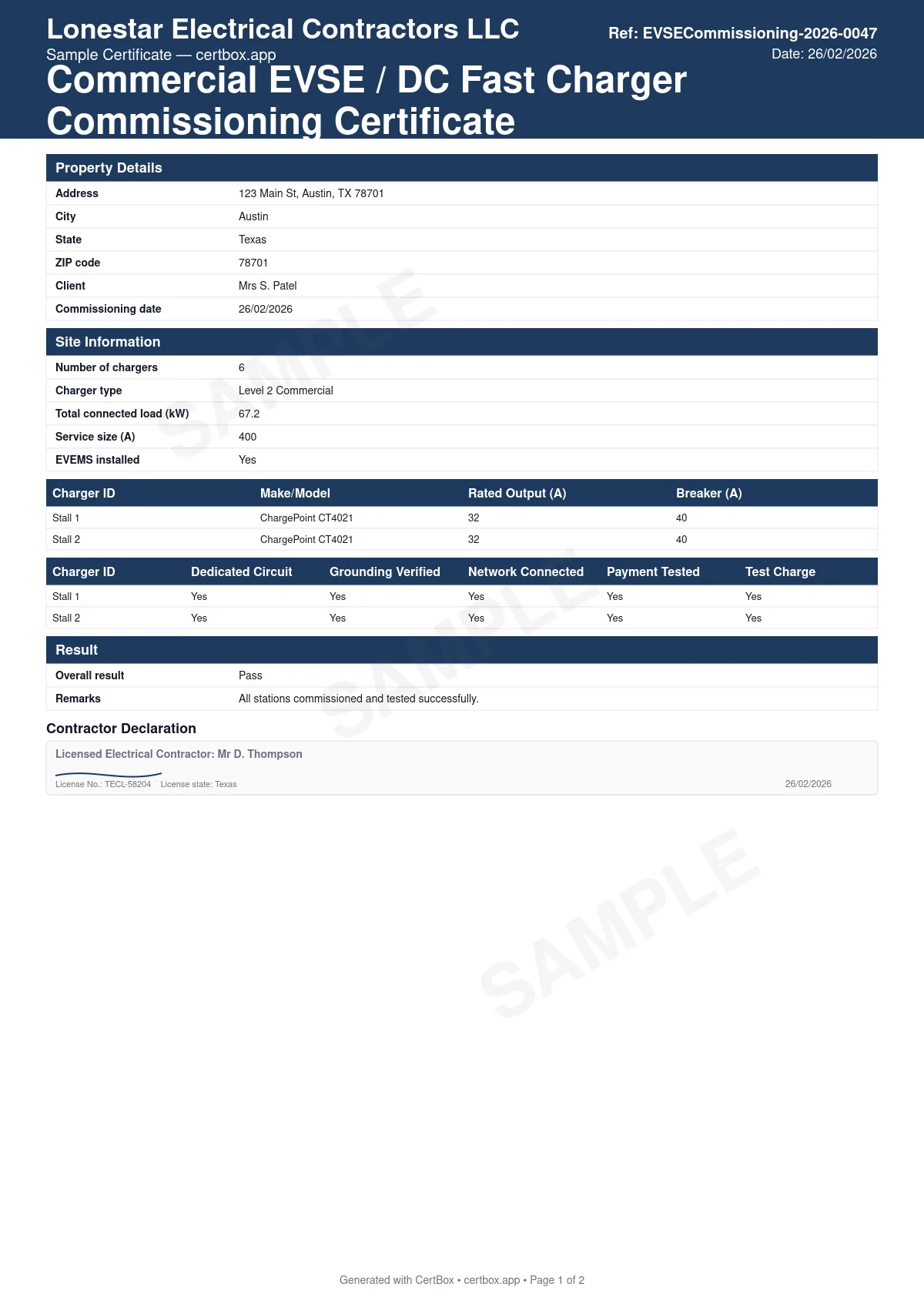 Sample Commercial EVSE / DC Fast Charger Commissioning Certificate certificate created with CertBox, showing the professional PDF layout with number and type of charging stations, total connected load and service size, energy management system (evems) load management, where installed, per-charger rated output, breaker sizing, dedicated circuit and grounding verification