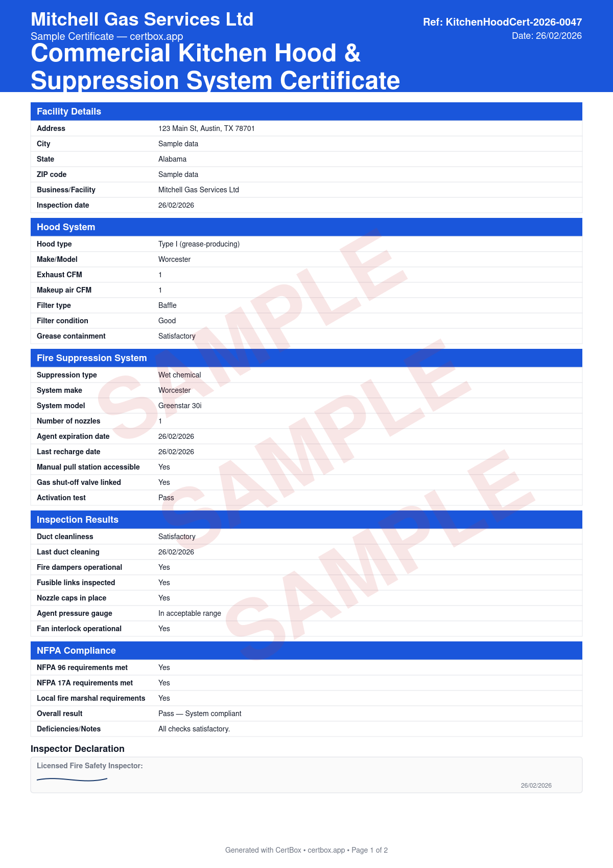 Sample Commercial Kitchen Hood & Suppression System Certificate certificate created with CertBox, showing the professional PDF layout with hood type and exhaust cfm, filter condition and type, suppression system inspection
