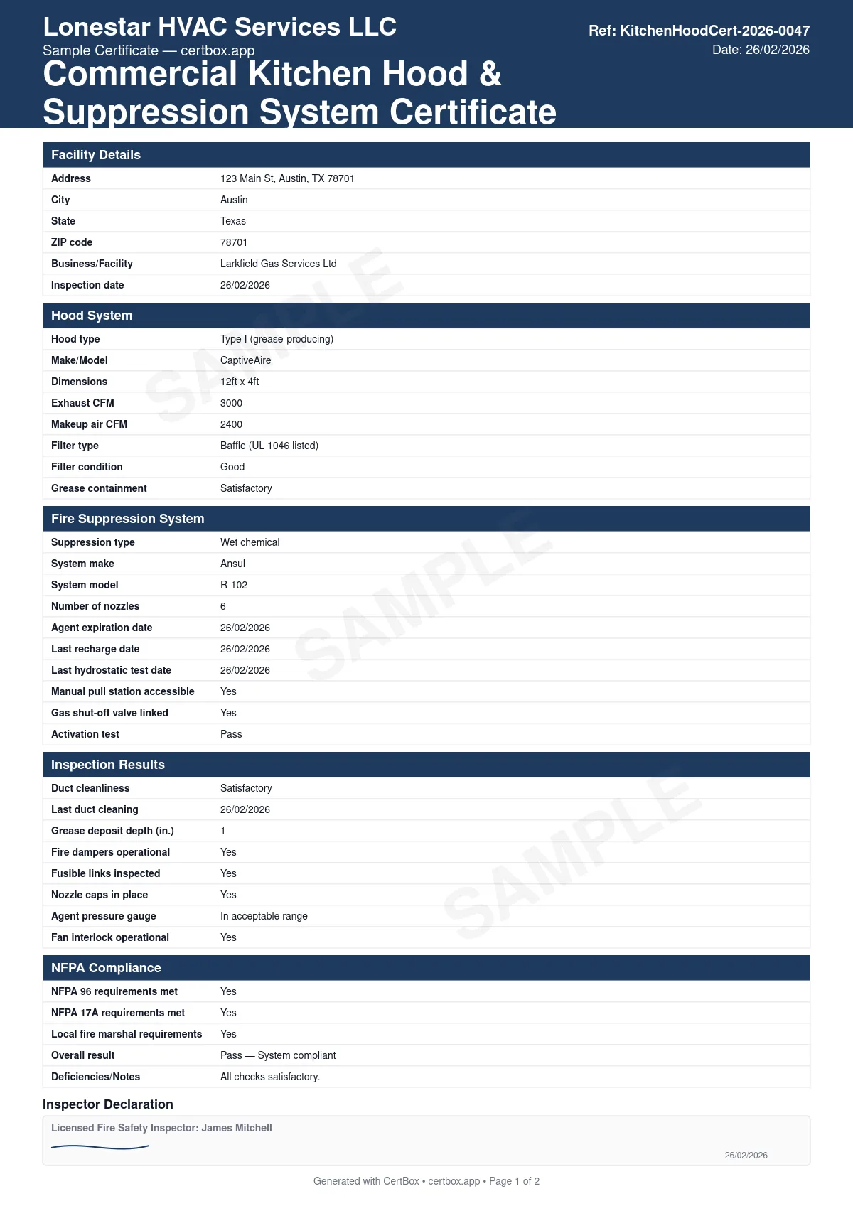 Sample Commercial Kitchen Hood & Suppression System Certificate certificate created with CertBox, showing the professional PDF layout with hood type and exhaust cfm, filter condition and type, suppression system inspection