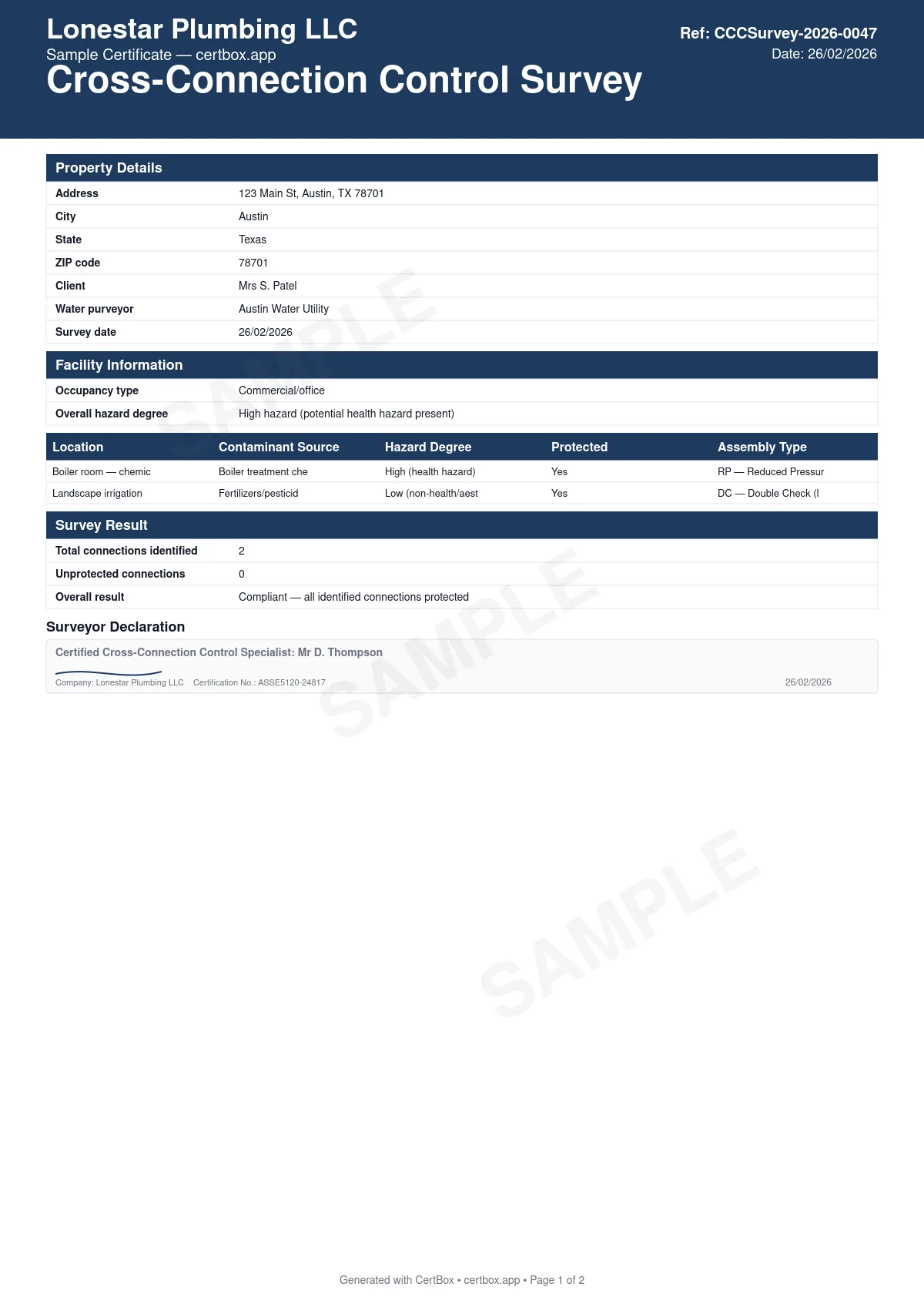 Sample Cross-Connection Control Survey certificate created with CertBox, showing the professional PDF layout with facility occupancy type and overall hazard degree, each identified cross-connection: location, contaminant source, and hazard degree, existing/recommended backflow assembly type (rp, dc, pvb, svb, or ag)
