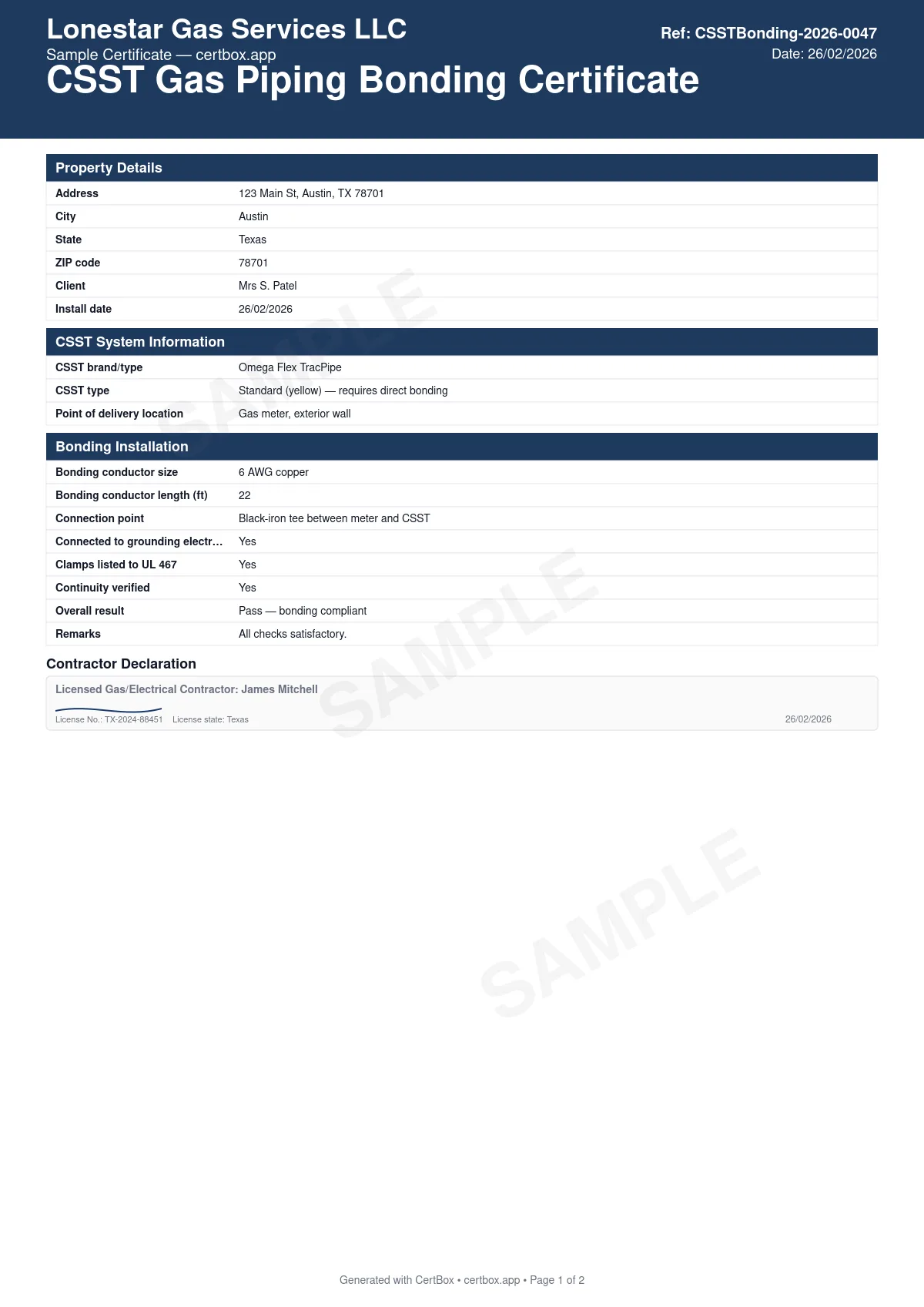 Sample CSST Gas Piping Bonding Certificate certificate created with CertBox, showing the professional PDF layout with csst type (standard or arc-resistant), bonding conductor size and length, connection point on the gas piping