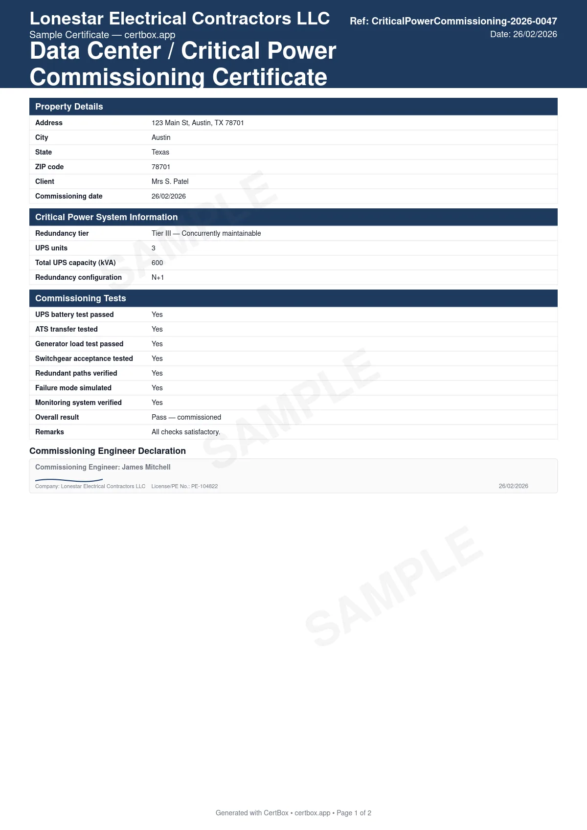 Sample Data Center / Critical Power Commissioning Certificate certificate created with CertBox, showing the professional PDF layout with systems commissioned (ups, generator, ats, distribution), insulation resistance and protective device tests, load bank and battery runtime tests
