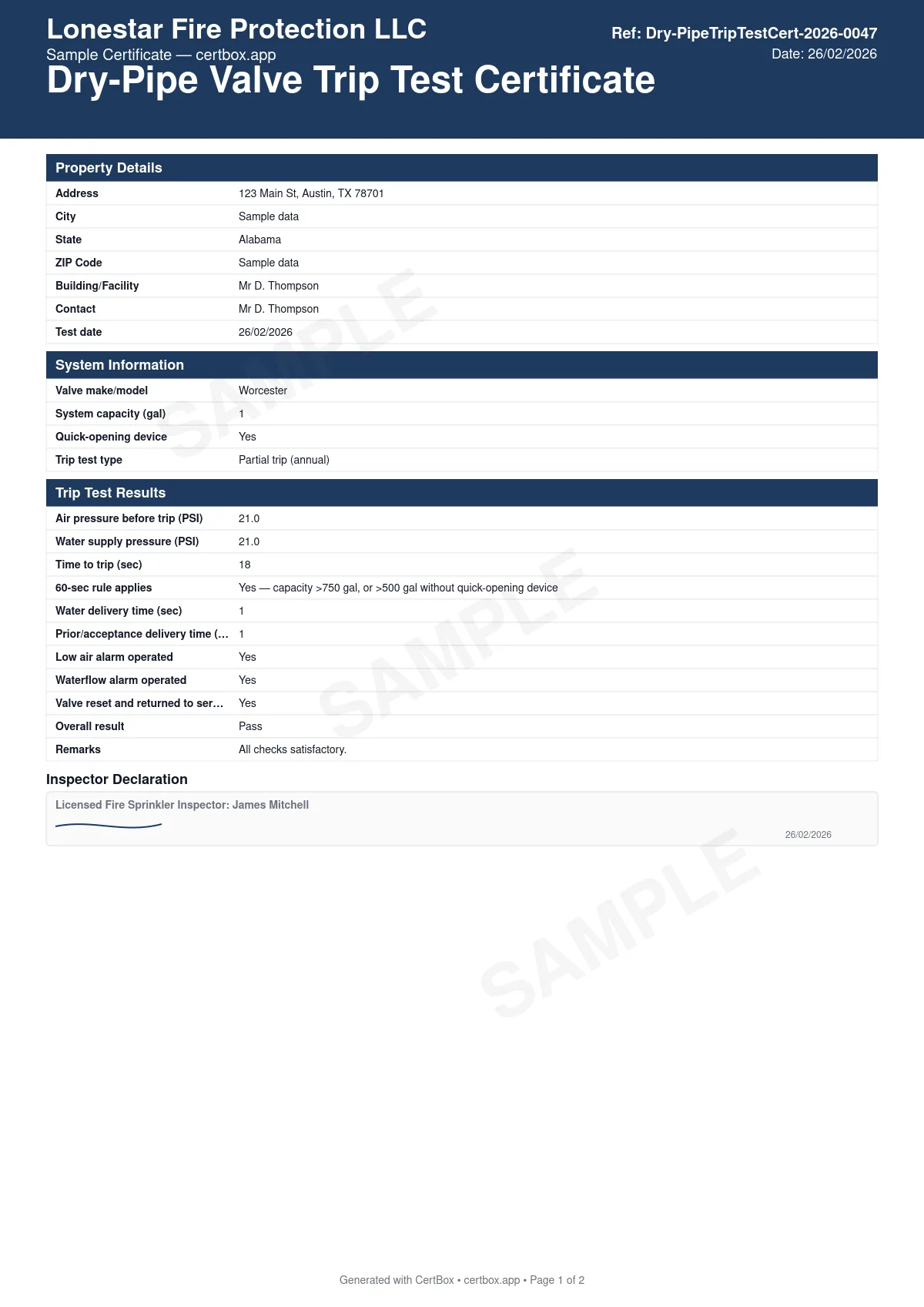 Sample Dry-Pipe Valve Trip Test Certificate (NFPA 25) certificate created with CertBox, showing the professional PDF layout with dry-pipe valve make/model and system capacity, quick-opening device (accelerator/exhauster) presence, test type (full flow vs. internal)