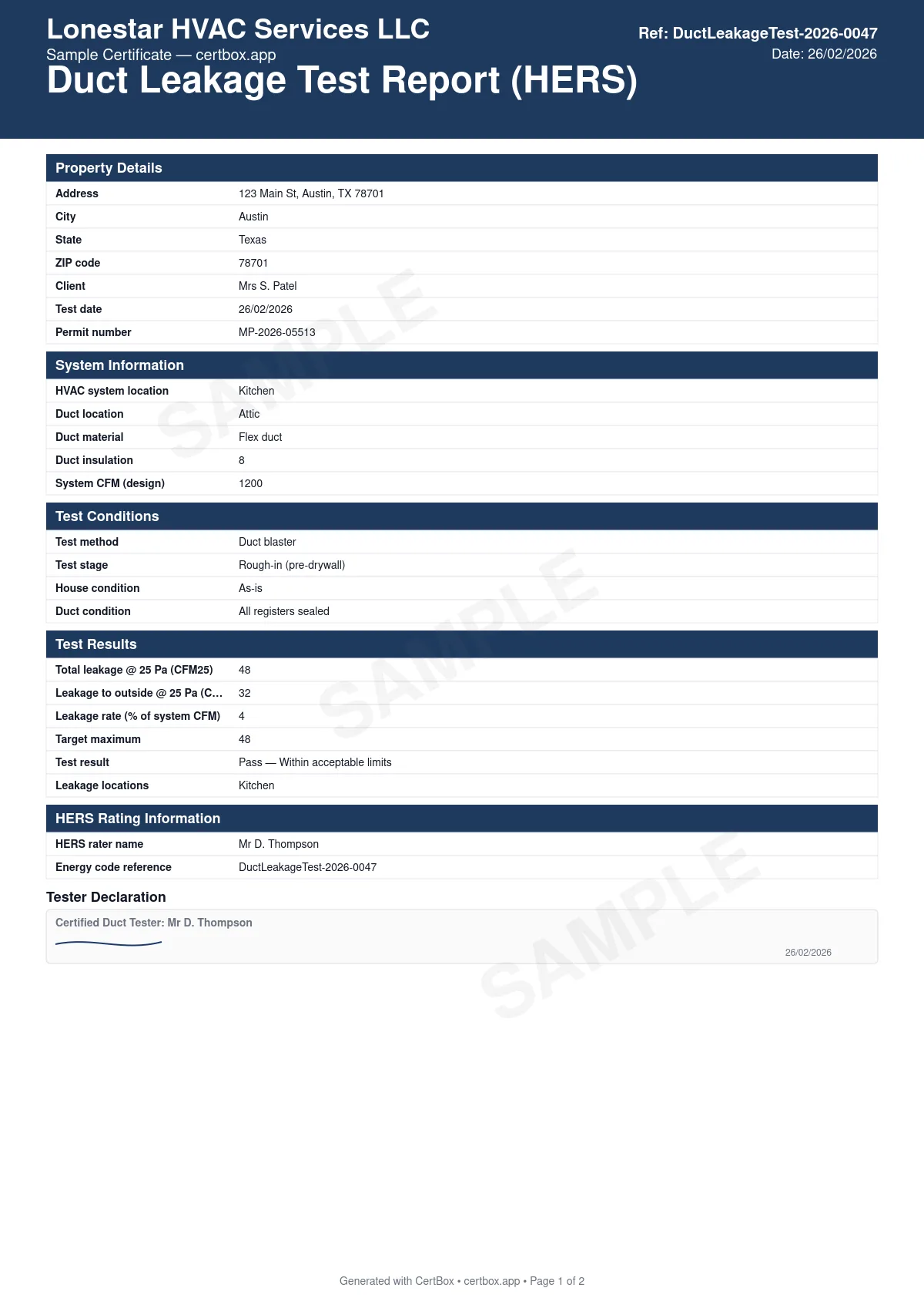 Sample Duct Leakage Test Report (HERS) certificate created with CertBox, showing the professional PDF layout with duct system details and location, test method and conditions, total leakage (cfm25)