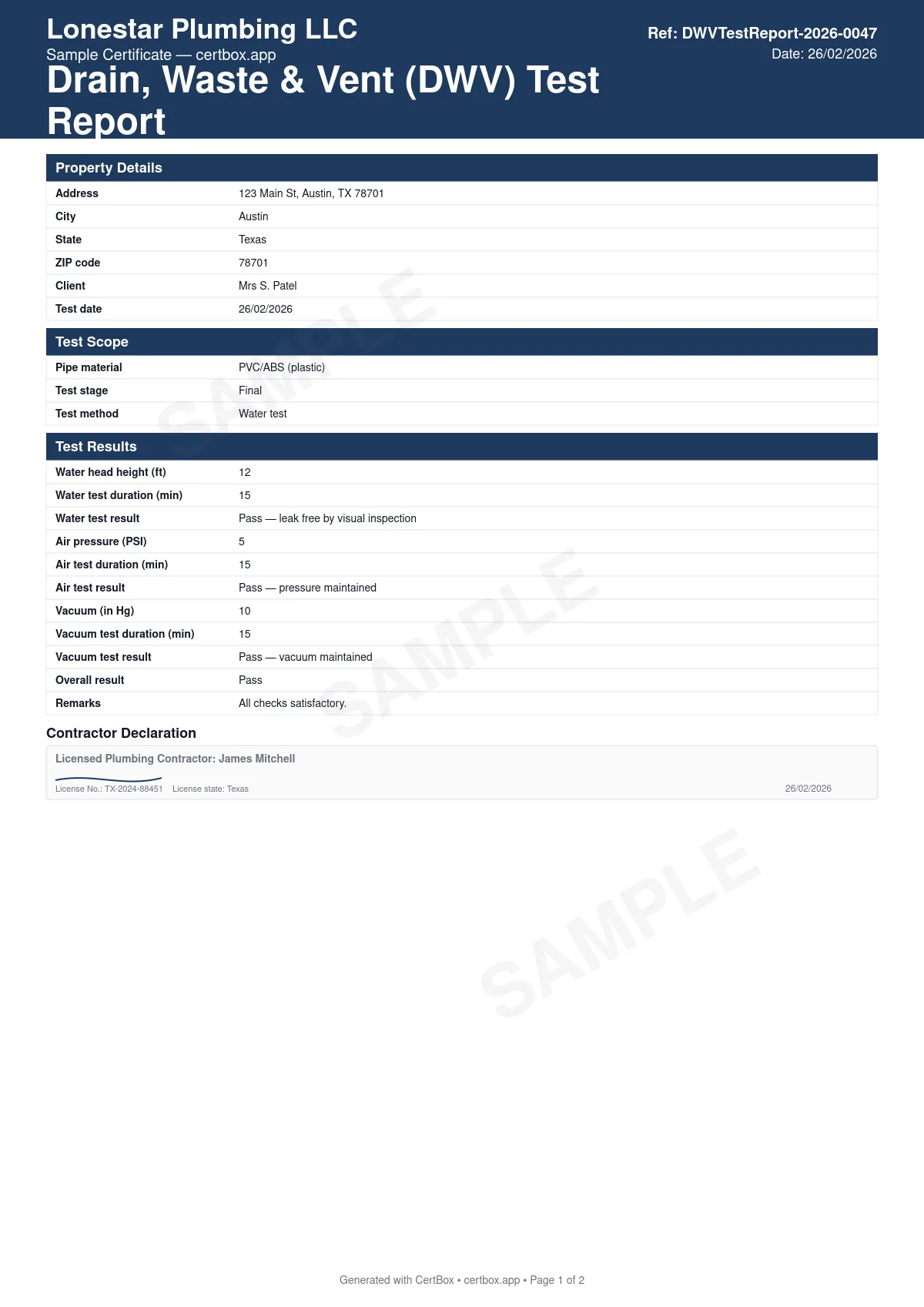 Sample Drain, Waste & Vent (DWV) Test Report certificate created with CertBox, showing the professional PDF layout with pipe material and test stage (rough-in/final), water test: head height and 15-minute hold, air test: 5 psi or 10 in hg for non-plastic piping, 15-minute hold