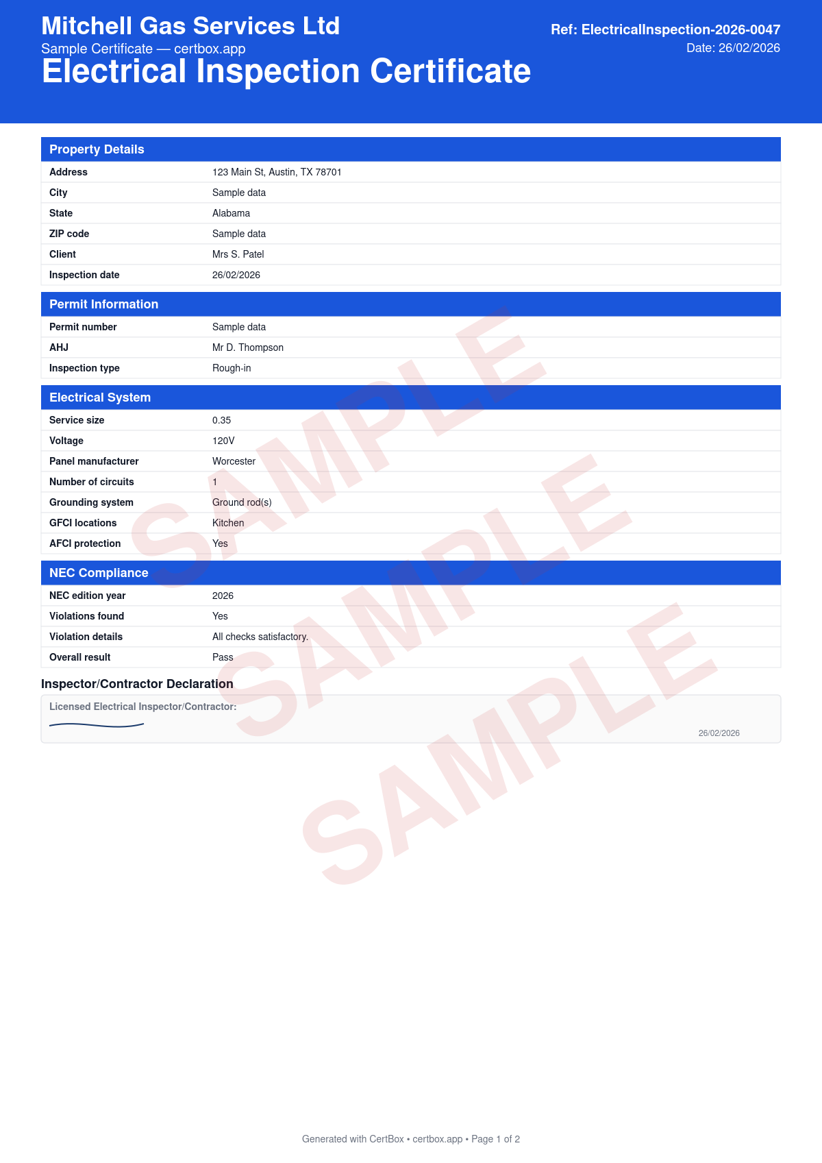 Sample Electrical Inspection Certificate certificate created with CertBox, showing the professional PDF layout with service size and voltage, panel condition and labeling, circuit inspection