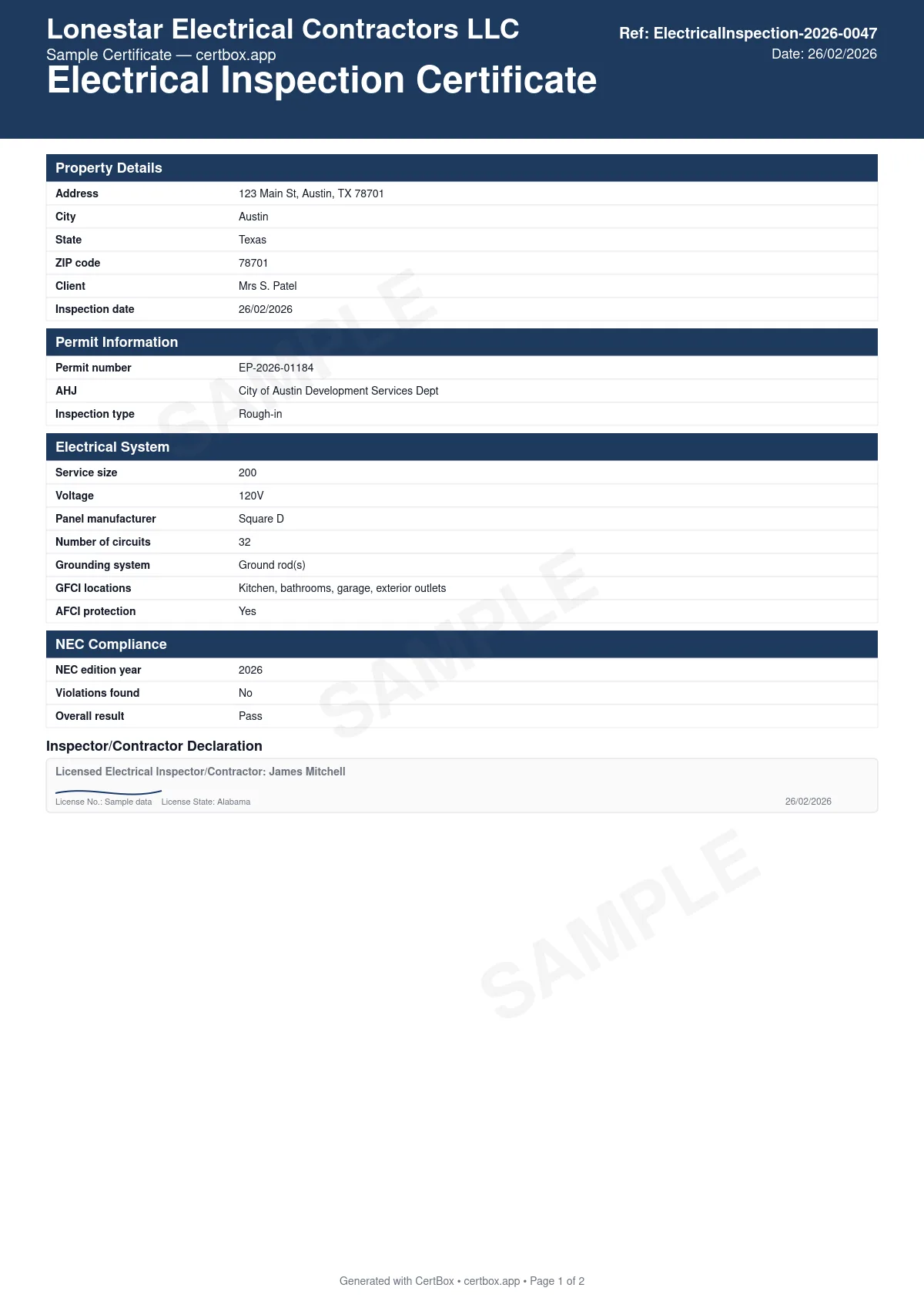 Sample Electrical Inspection Certificate certificate created with CertBox, showing the professional PDF layout with service size and voltage, panel condition and labeling, circuit inspection