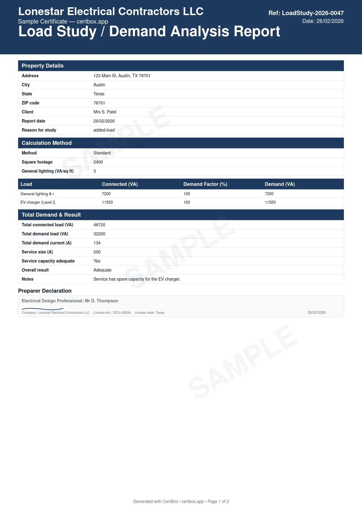 Sample Load Study / Demand Analysis Report certificate created with CertBox, showing the professional PDF layout with connected and demand loads by category, calculation method (standard or optional), existing service and feeder capacity