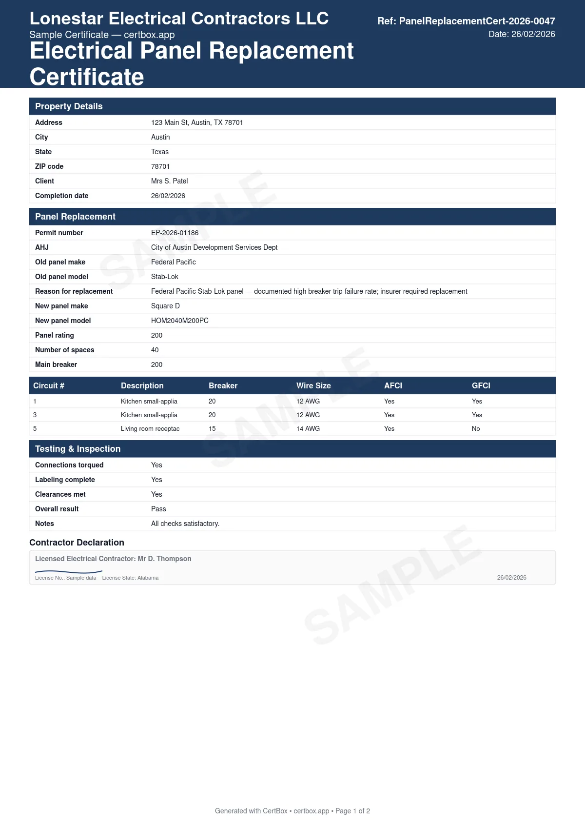 Sample Electrical Panel Replacement Certificate certificate created with CertBox, showing the professional PDF layout with old and new panel identification, circuit schedule documentation, afci/gfci protection requirements