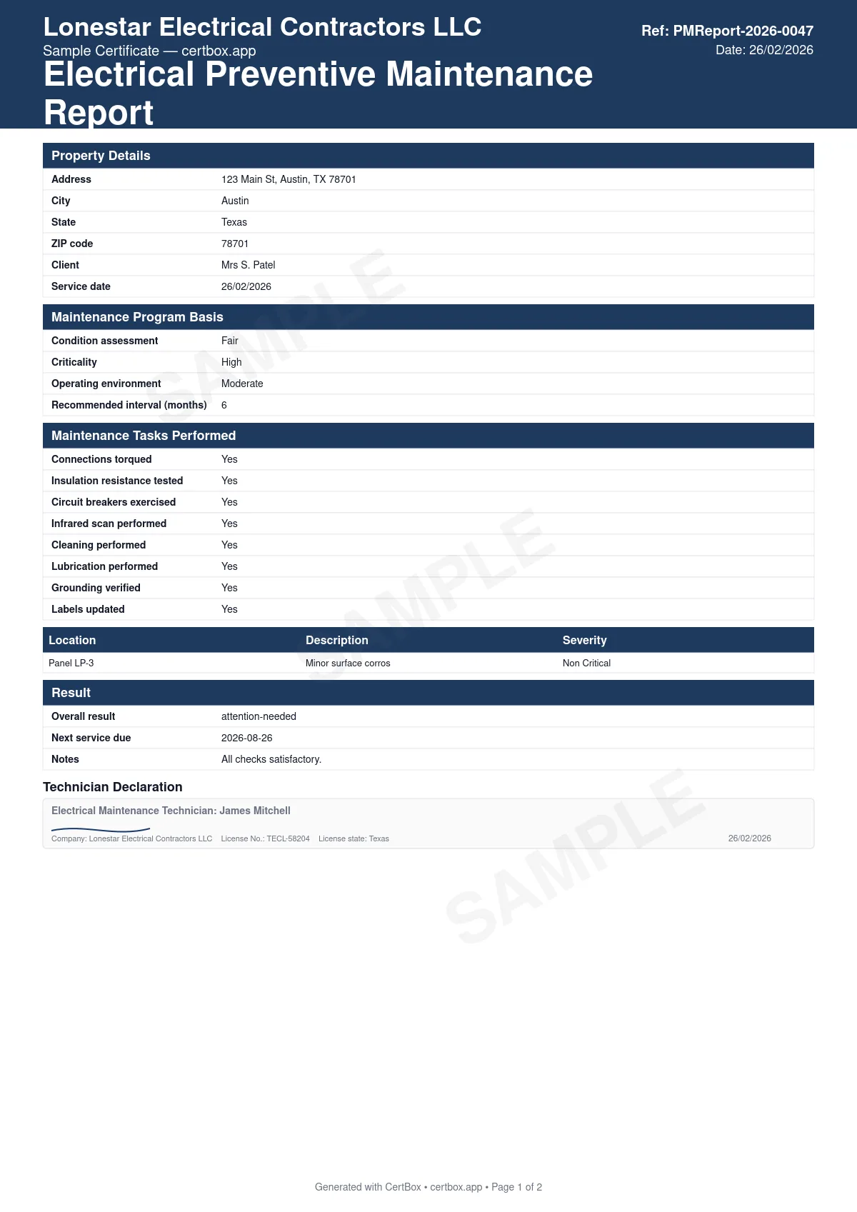 Sample Electrical Preventive Maintenance Report certificate created with CertBox, showing the professional PDF layout with condition, criticality and operating-environment assessment, maintenance tasks performed (torquing, insulation resistance, breaker exercise, infrared scan, cleaning, lubrication, grounding, labeling), deficiencies found, with severity
