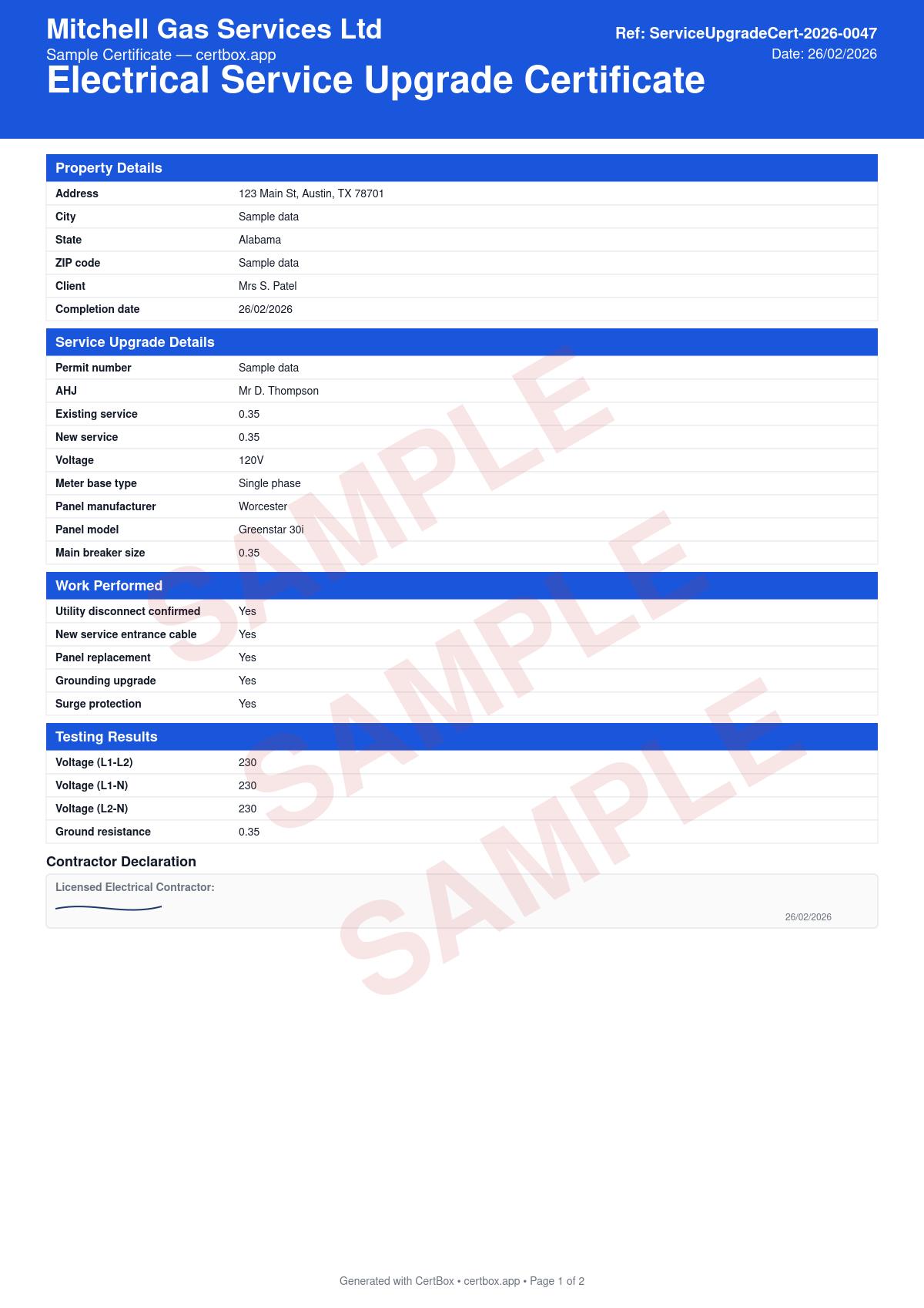 Sample Electrical Service Upgrade Certificate certificate created with CertBox, showing the professional PDF layout with existing and new service amperage, panel and meter base details, grounding electrode system