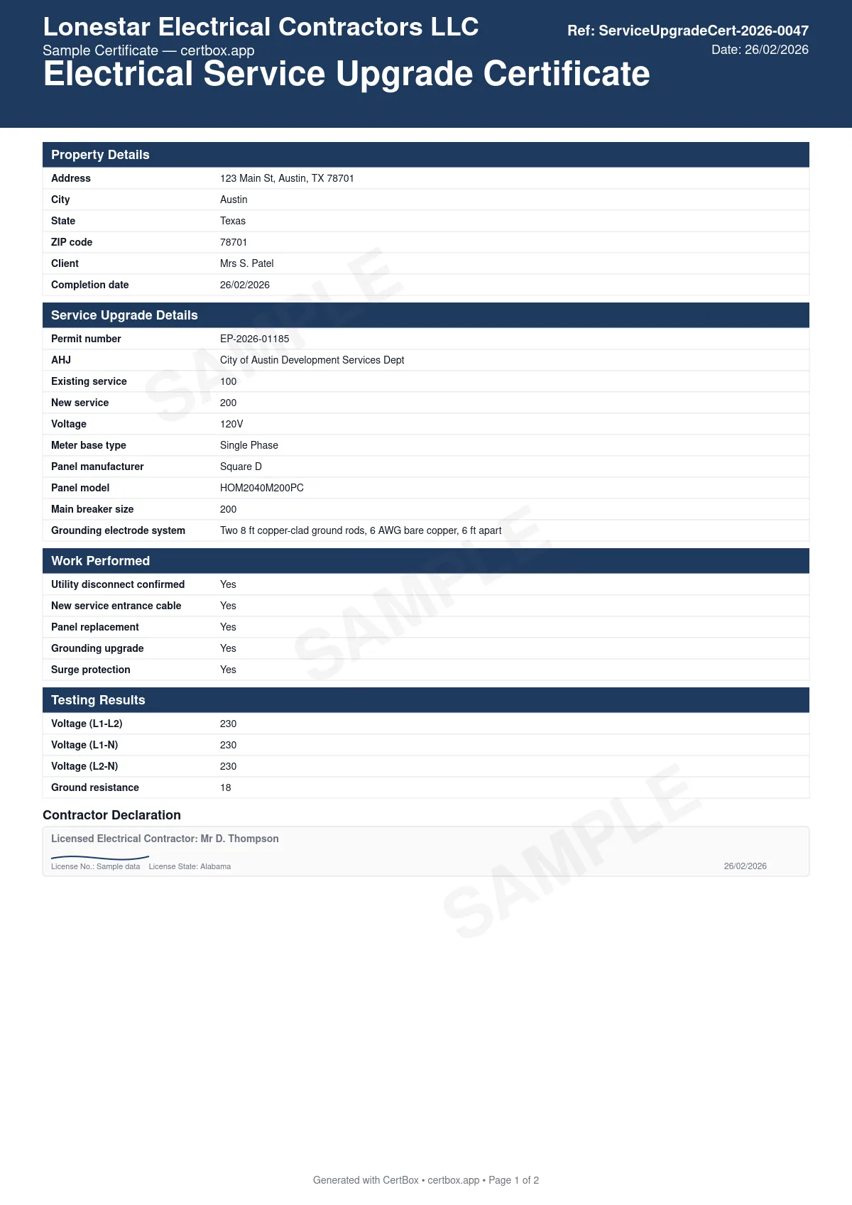 Sample Electrical Service Upgrade Certificate certificate created with CertBox, showing the professional PDF layout with existing and new service amperage, panel and meter base details, grounding electrode system