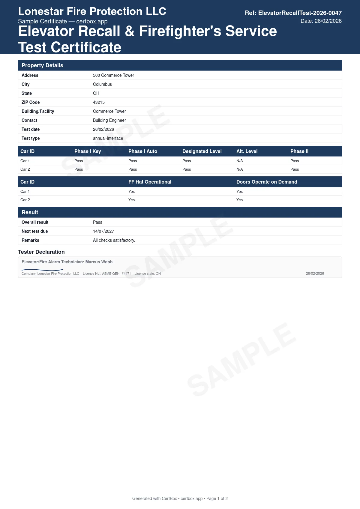Sample Elevator Recall & Firefighter's Service Test Certificate certificate created with CertBox, showing the professional PDF layout with per-elevator phase i key-switch and automatic recall, designated-level and alternate-level return, phase ii in-car operation