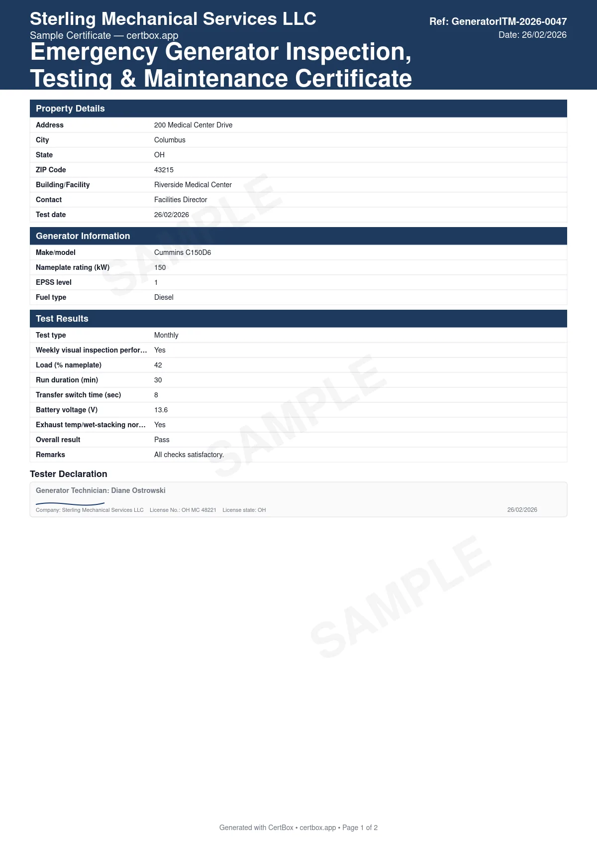 Sample Emergency Generator Inspection, Testing & Maintenance Certificate certificate created with CertBox, showing the professional PDF layout with generator nameplate rating and epss level, monthly operational test — load %, run duration, transfer time, battery voltage, annual/triennial load bank test steps