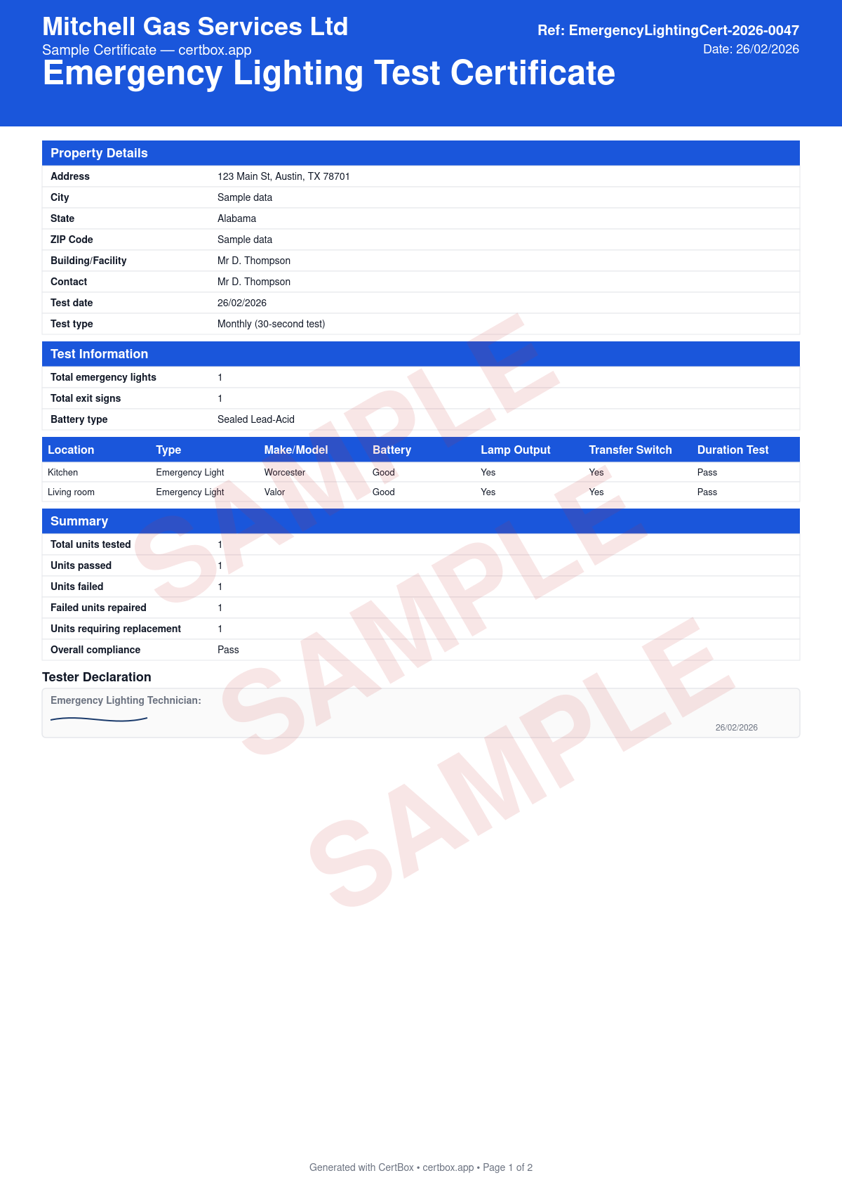 Sample Emergency Lighting Test Certificate (NFPA 101) certificate created with CertBox, showing the professional PDF layout with emergency light and exit sign inventory, battery condition testing, lamp output verification