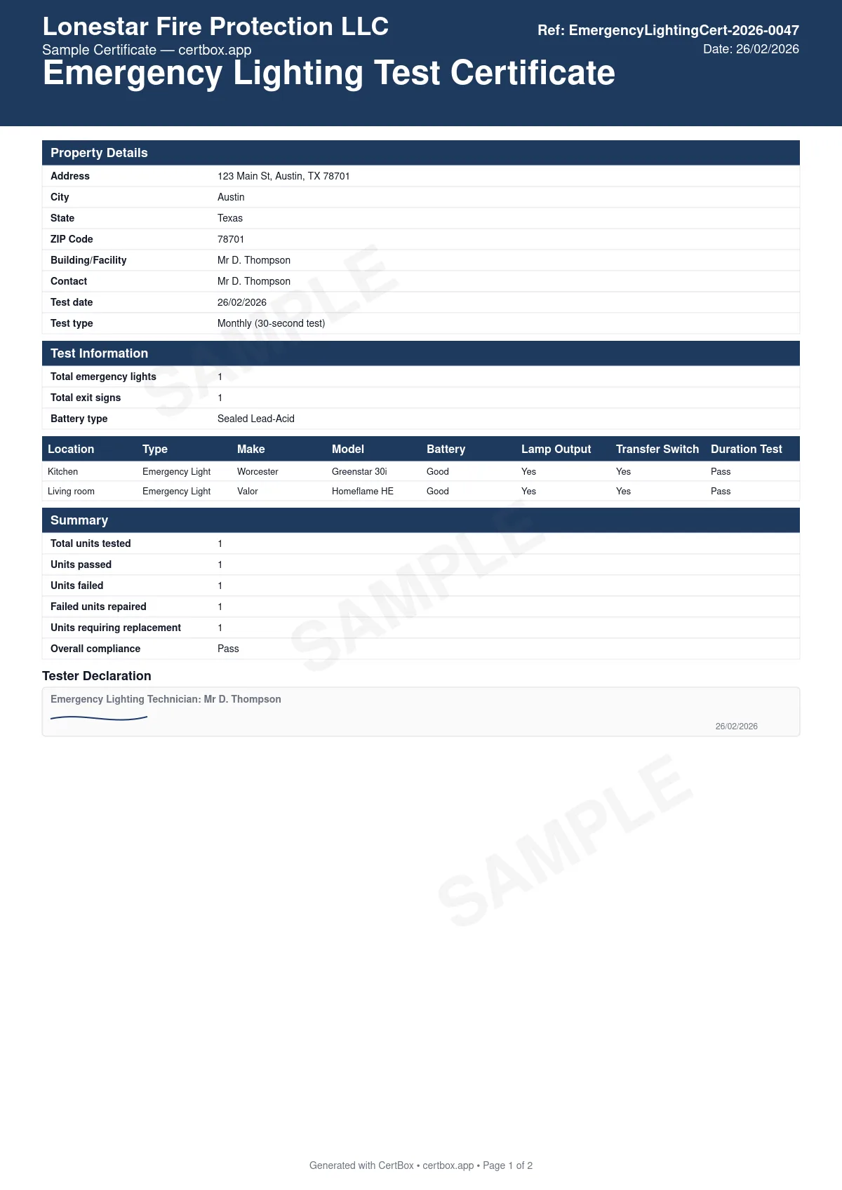 Sample Emergency Lighting Test Certificate (NFPA 101) certificate created with CertBox, showing the professional PDF layout with emergency light and exit sign inventory, battery condition testing, lamp output verification