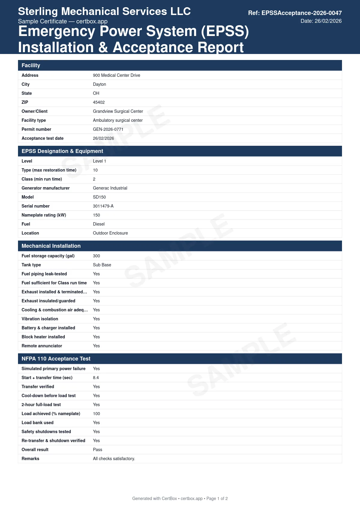 Sample Emergency Power System (EPSS) Installation & Acceptance Report certificate created with CertBox, showing the professional PDF layout with epss level, type and class designation, generator and fuel system details, exhaust, ventilation and vibration isolation